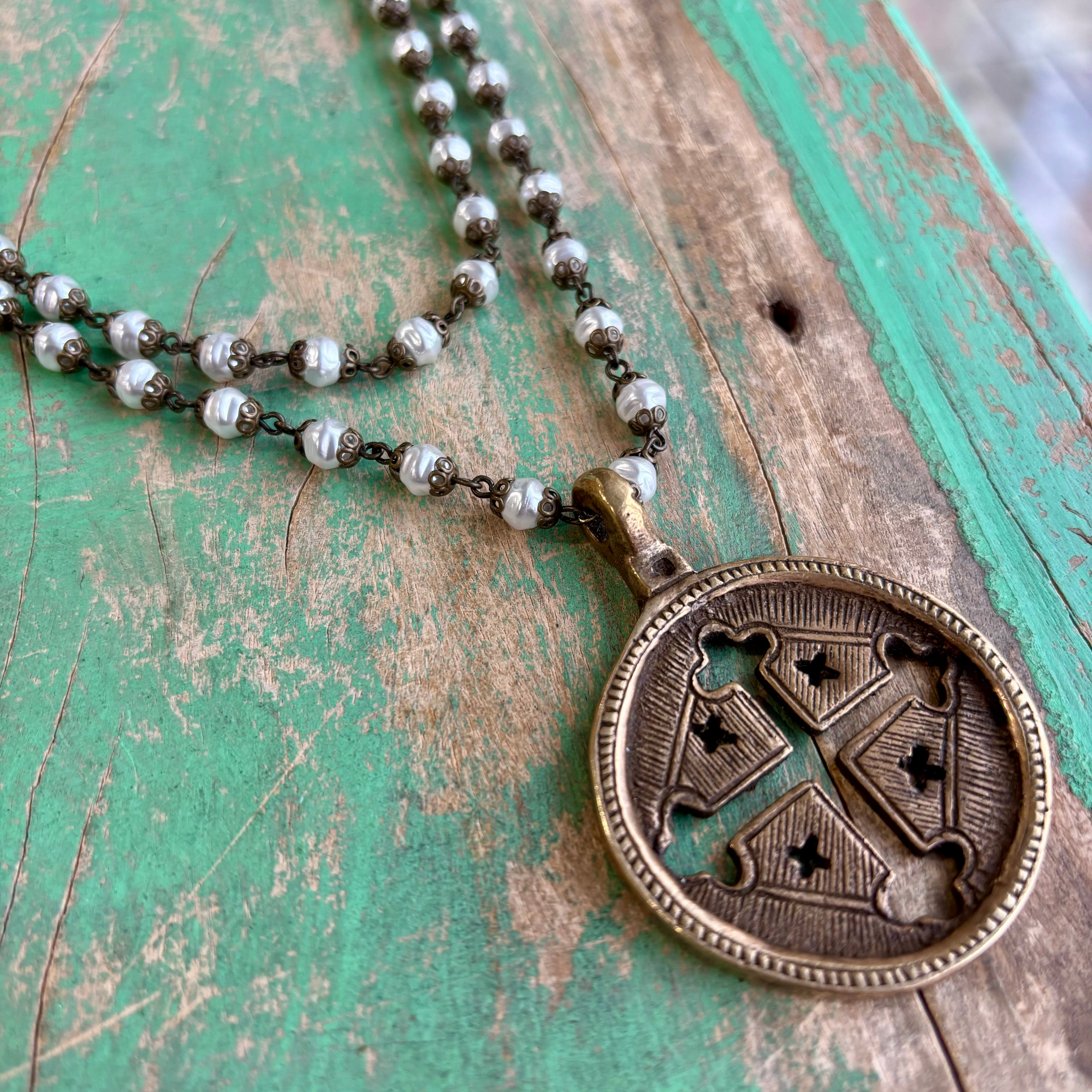 Czech Glass Pearl and Brass Jerusalem Cross Necklace