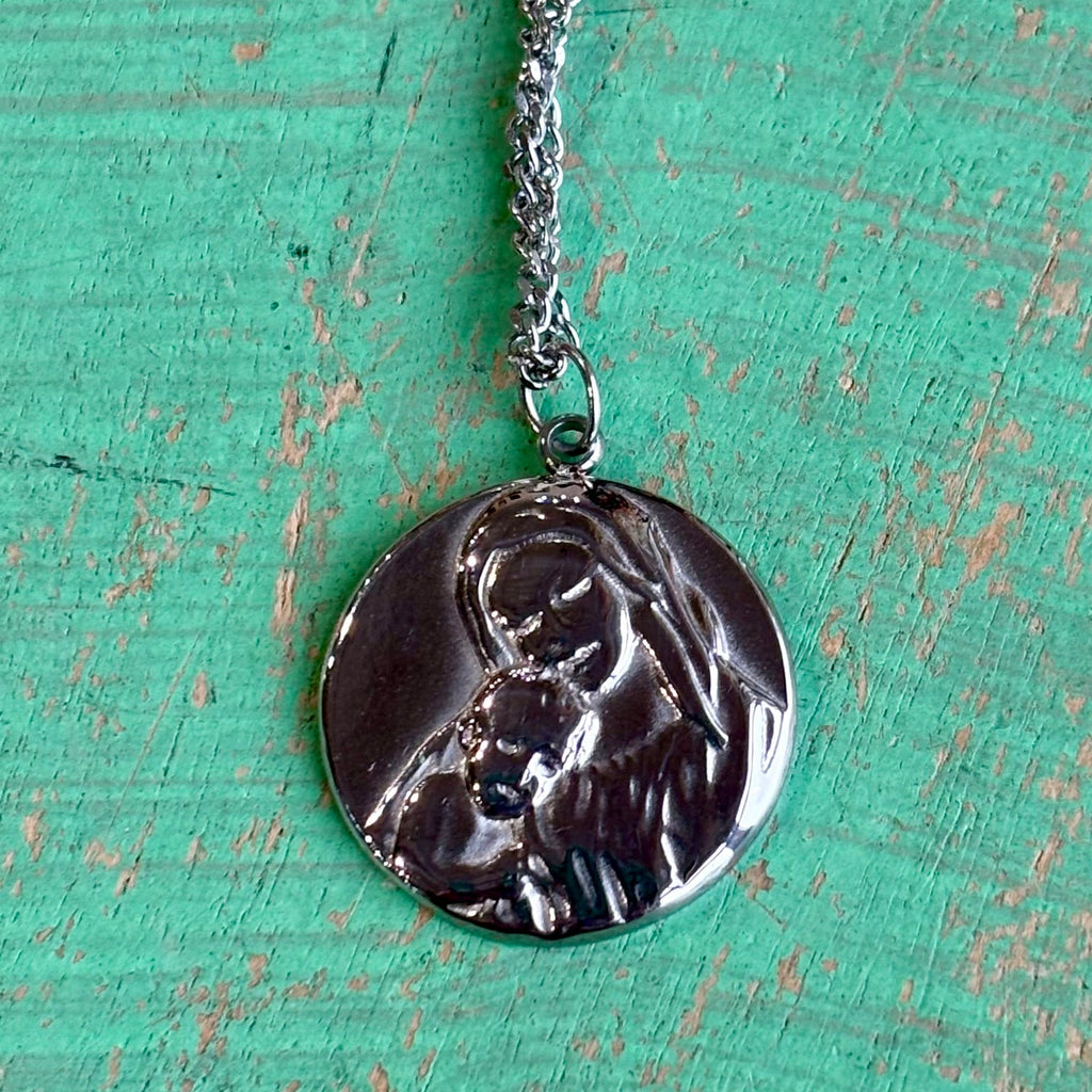 Madonna & Child Stainless Steel Medal Necklace – Gold or Silver
