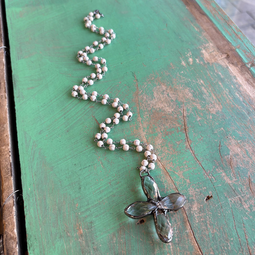 Long Crystal Cross Beige Howlite Necklace