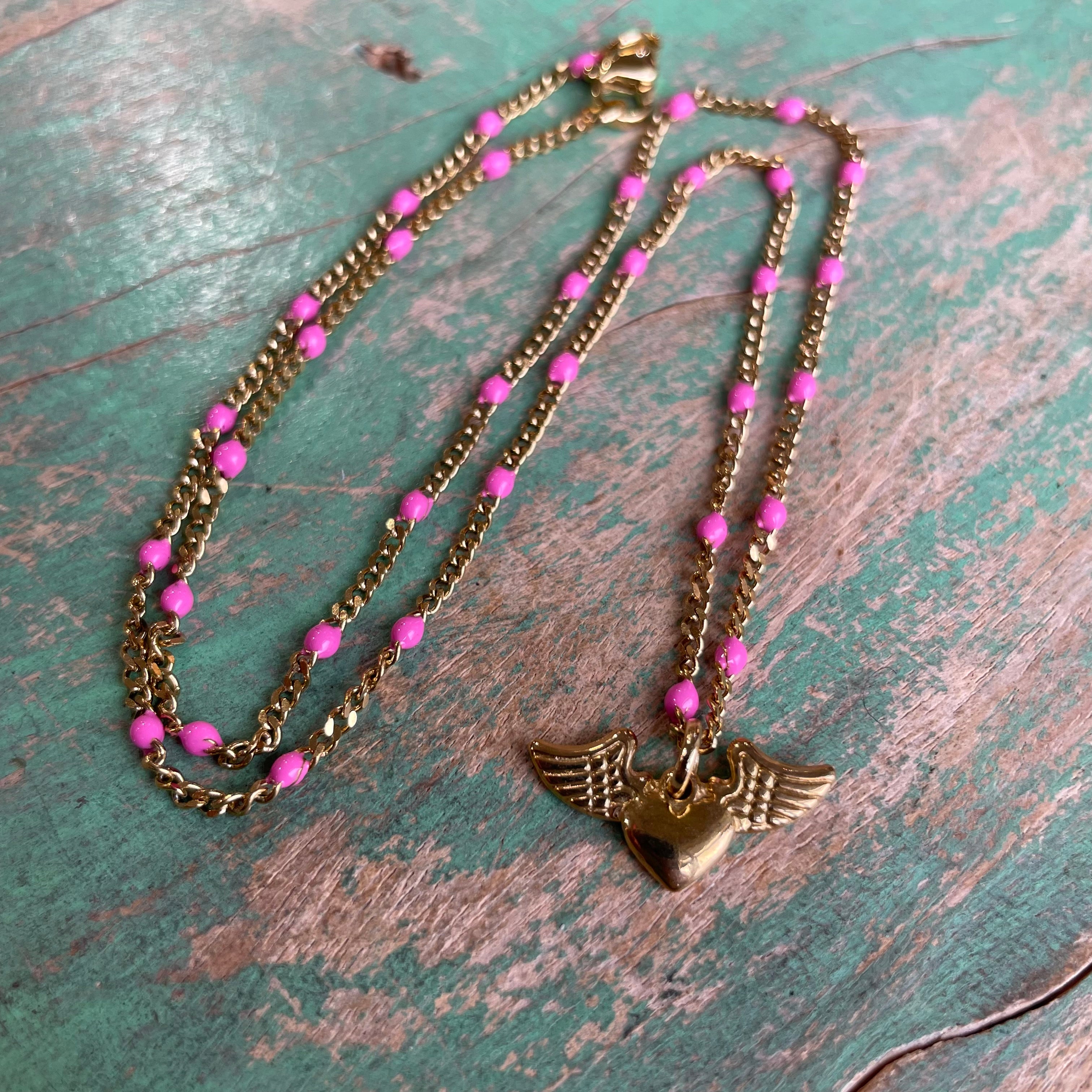 Pink Enamel Heart with Wings Necklace