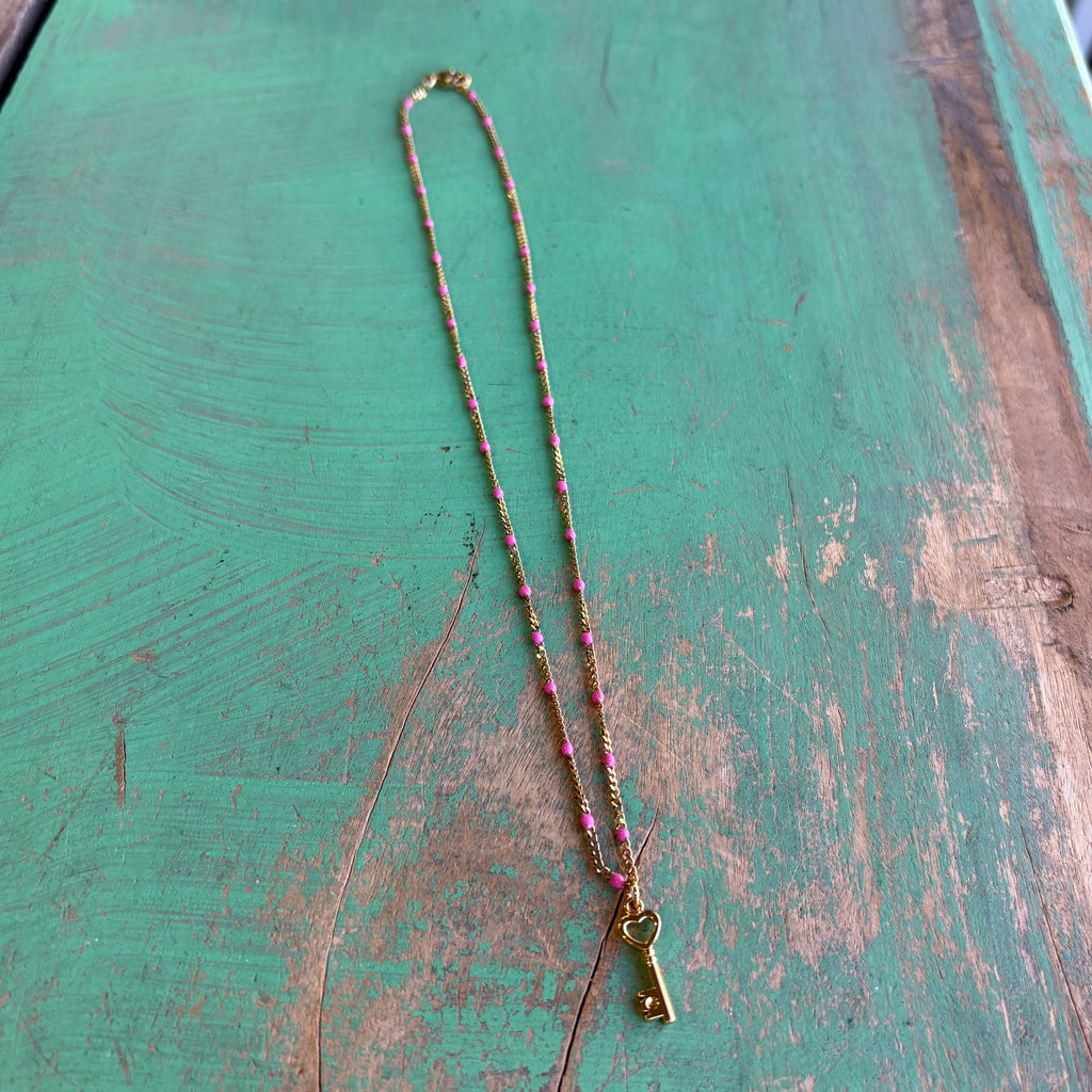 Pink Enamel Key to My Heart Necklace