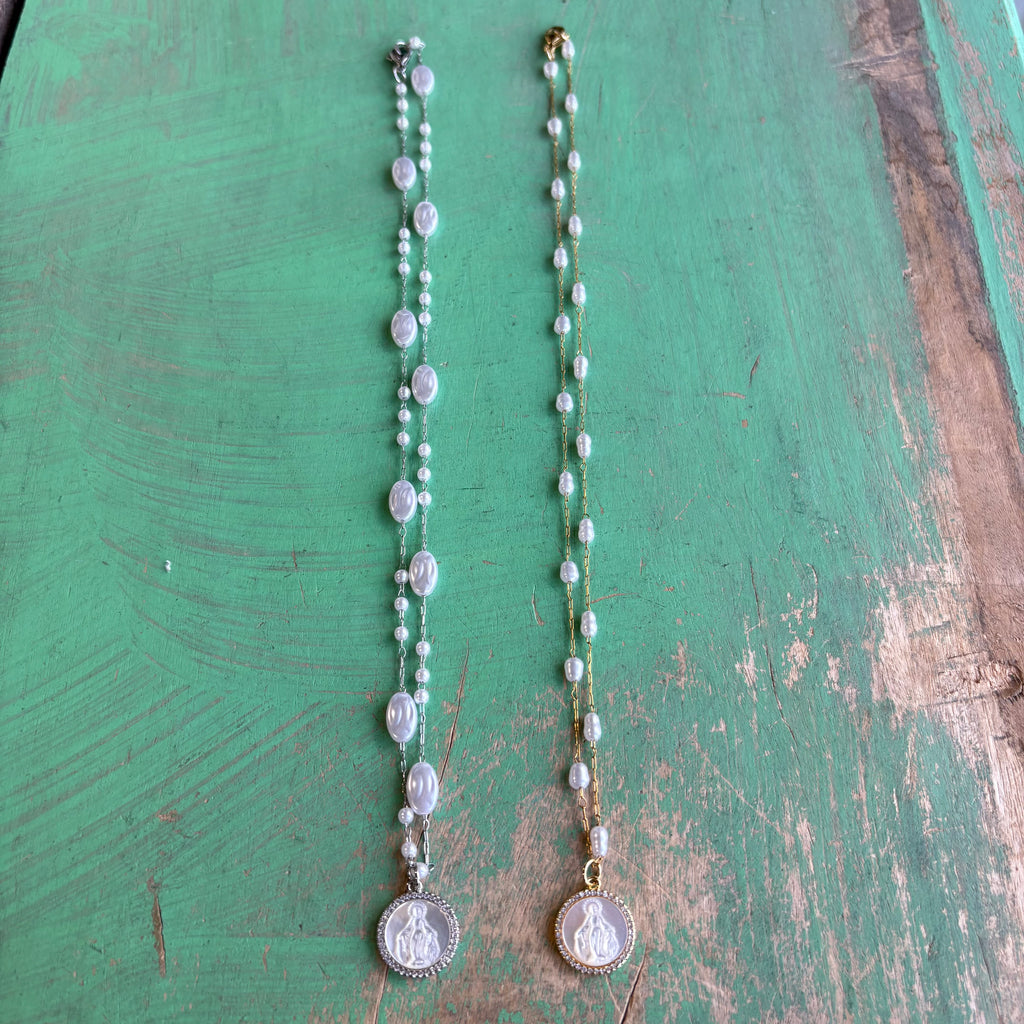 Our Lady of Grace Pearl Chain Necklace