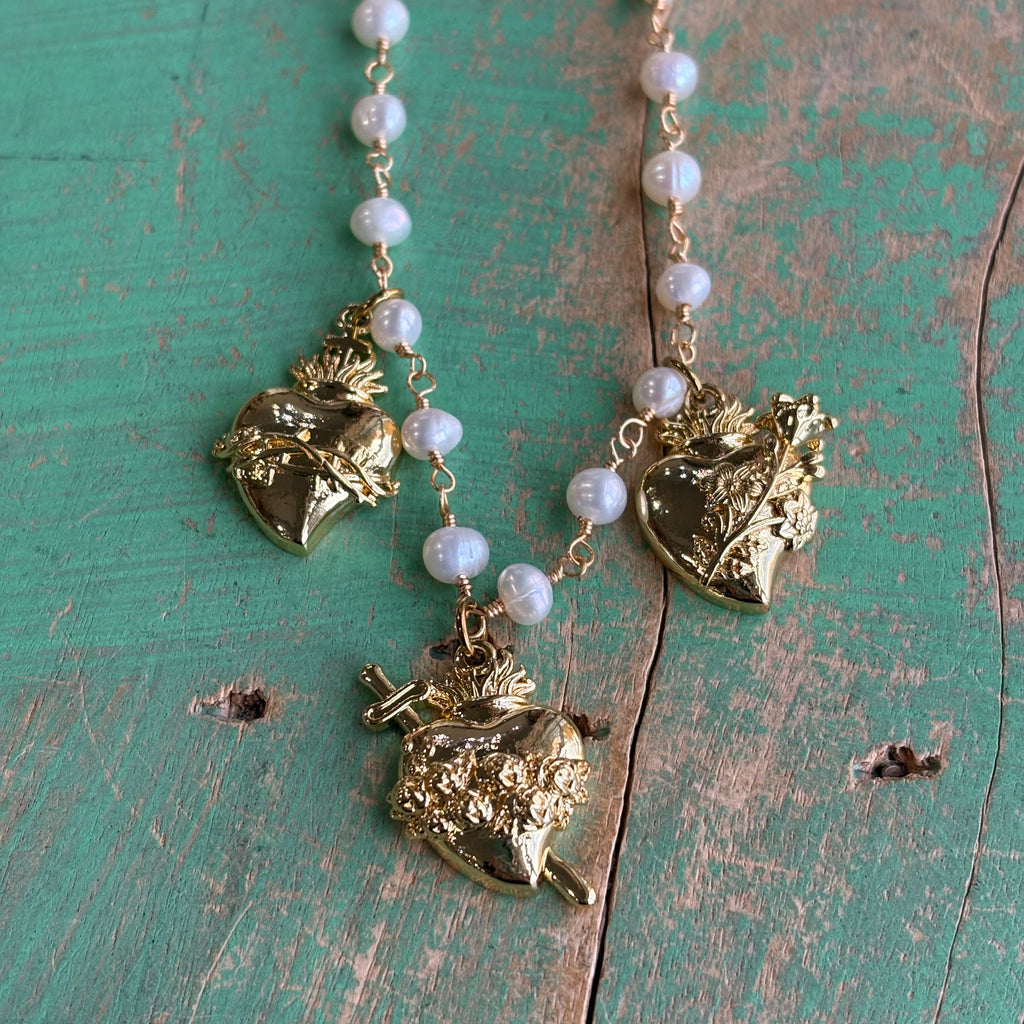 Three Hearts of the Holy Family Freshwater Pearl Necklace