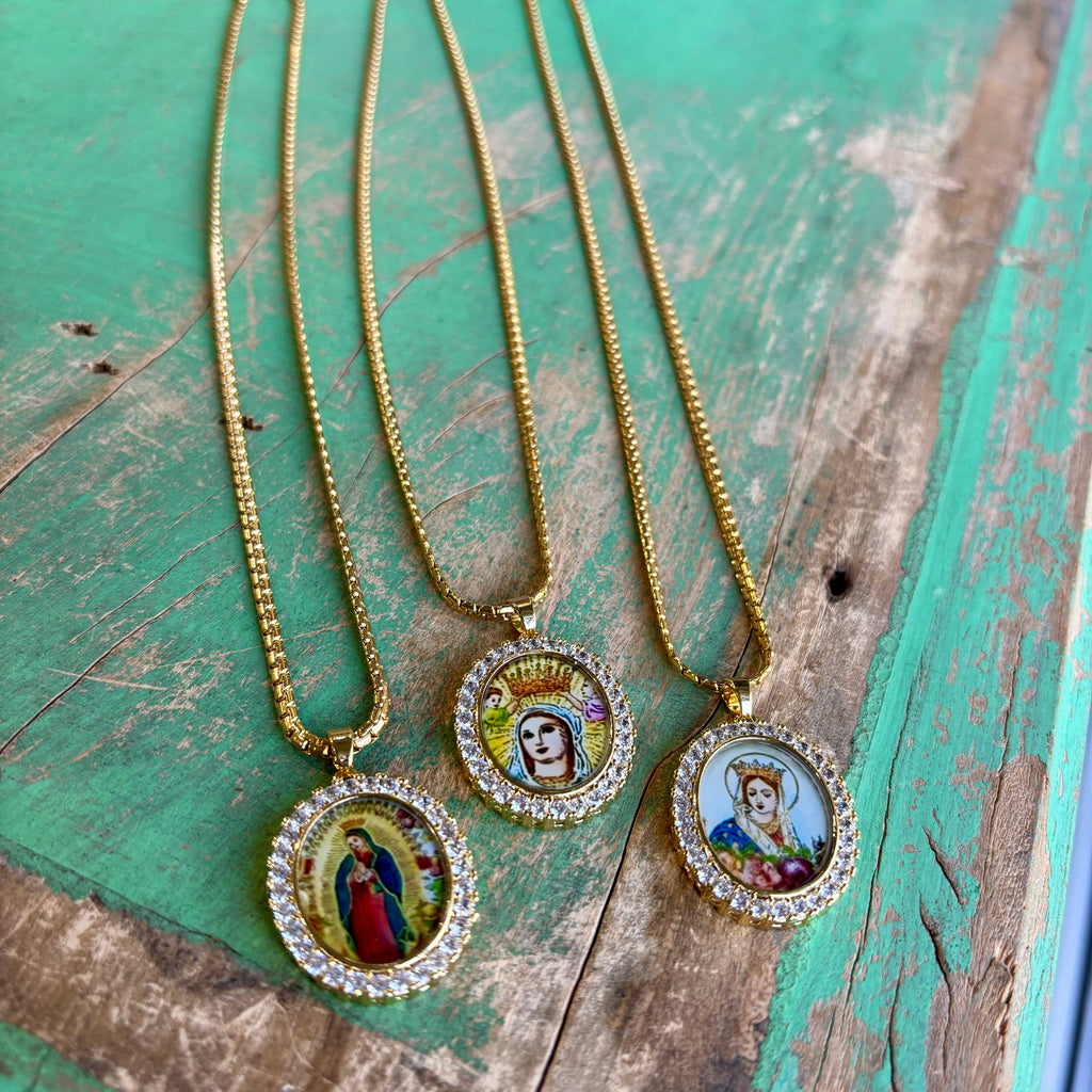 Gold Stainless Steel Mary CZ Pendant Necklace