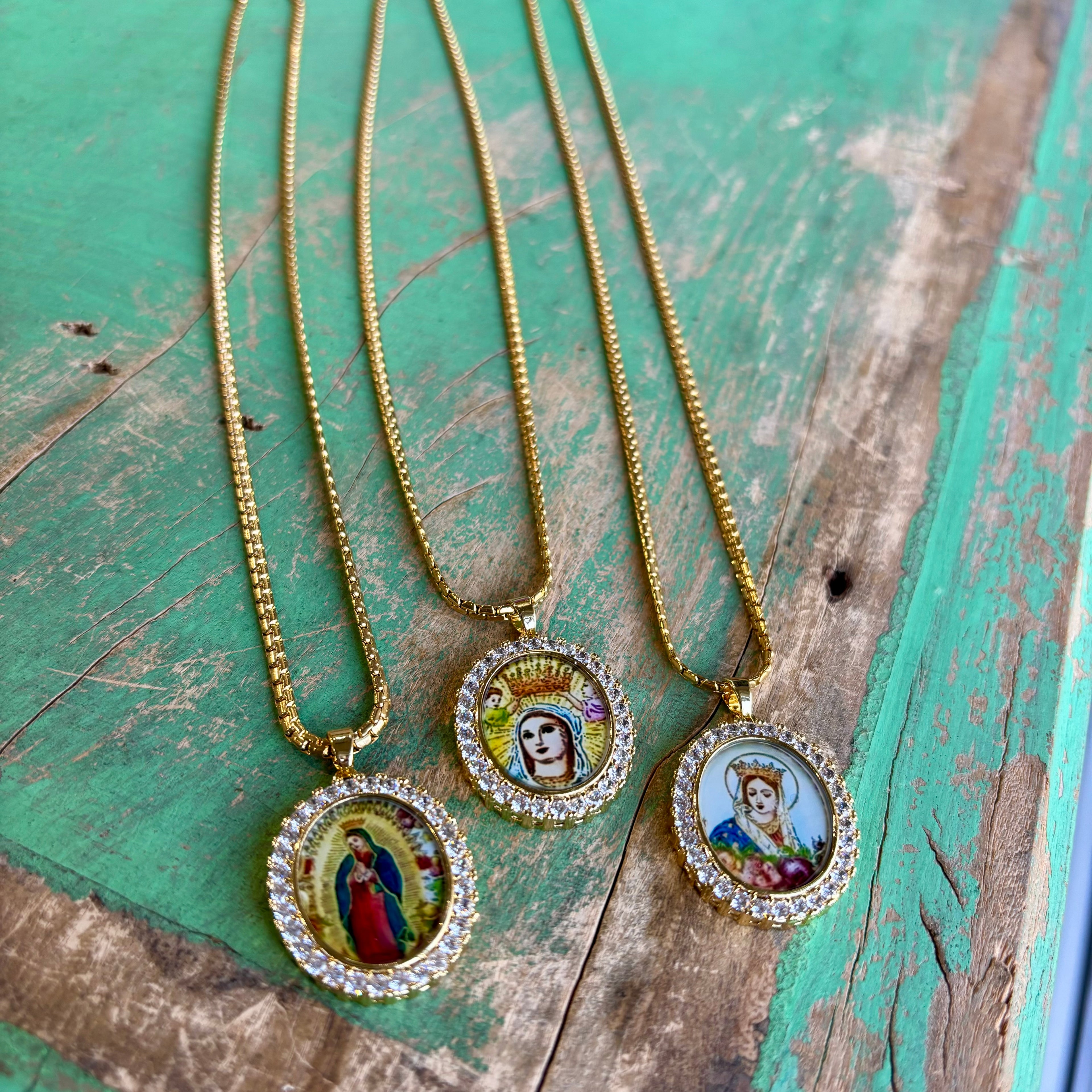 Gold Stainless Steel Mary CZ Pendant Necklace