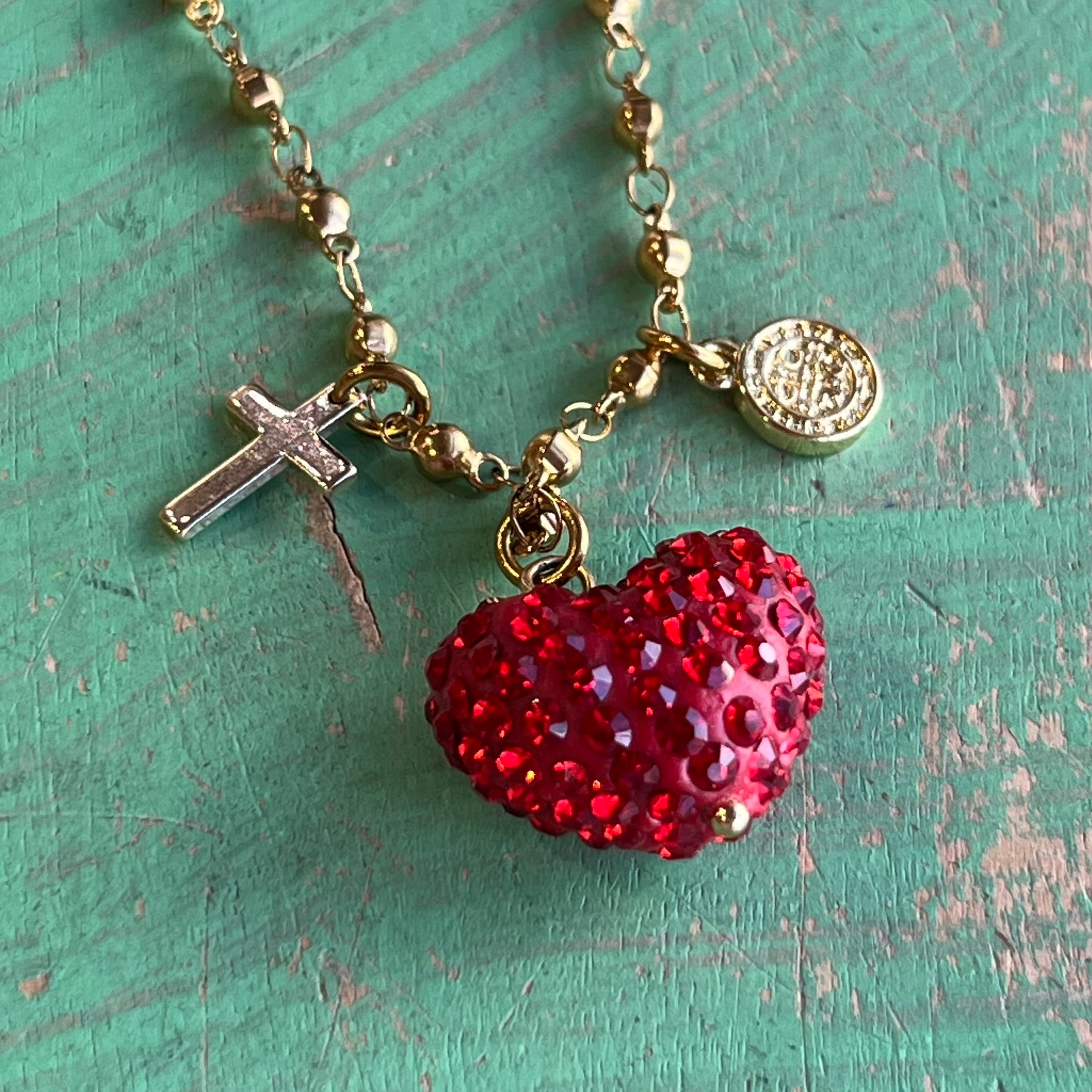 Red Pave Heart St Benedict Necklace