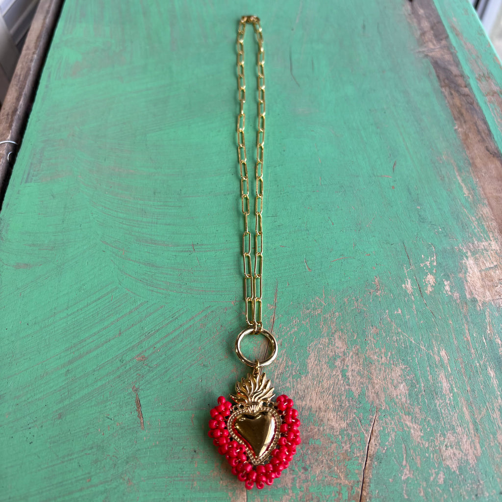 Red Love Sacred Heart Necklace or Earrings