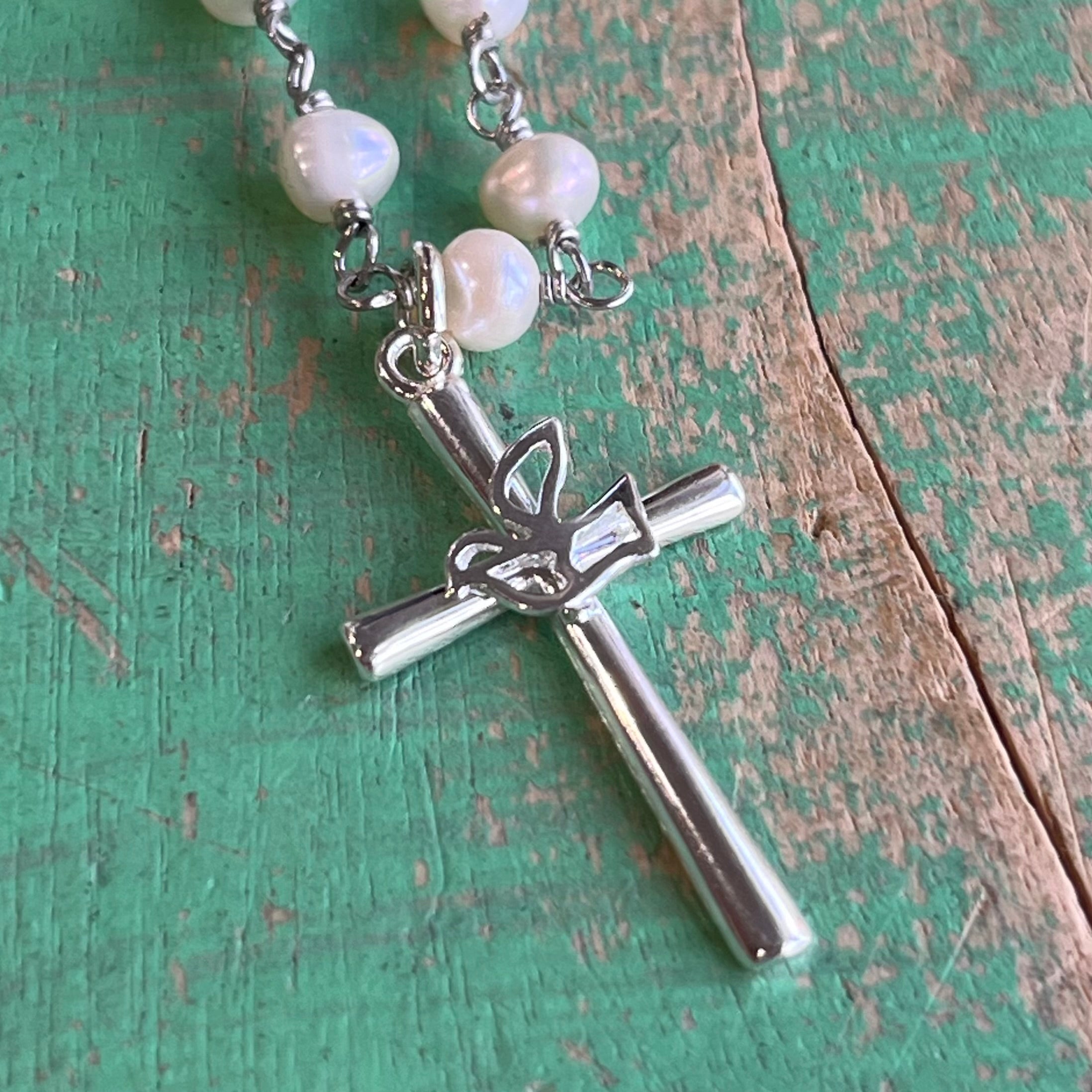 Sterling Silver Freshwater Pearl Confirmation Cross Necklace