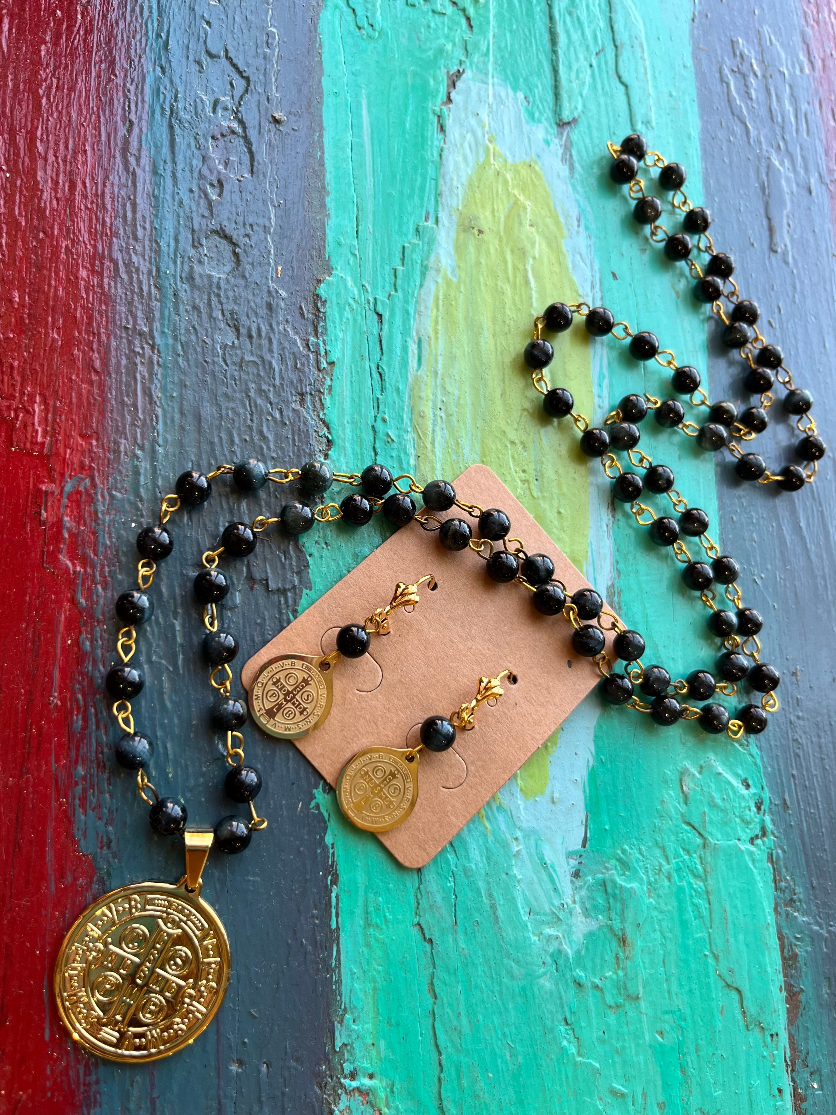 Long Tiger Eye Protection Necklace and Earrings