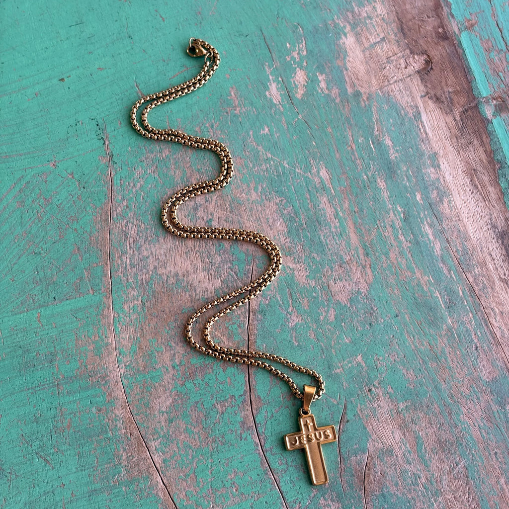 Jesus Cross Necklace – 19" Stainless Steel Rolo Chain | Gold or Silver