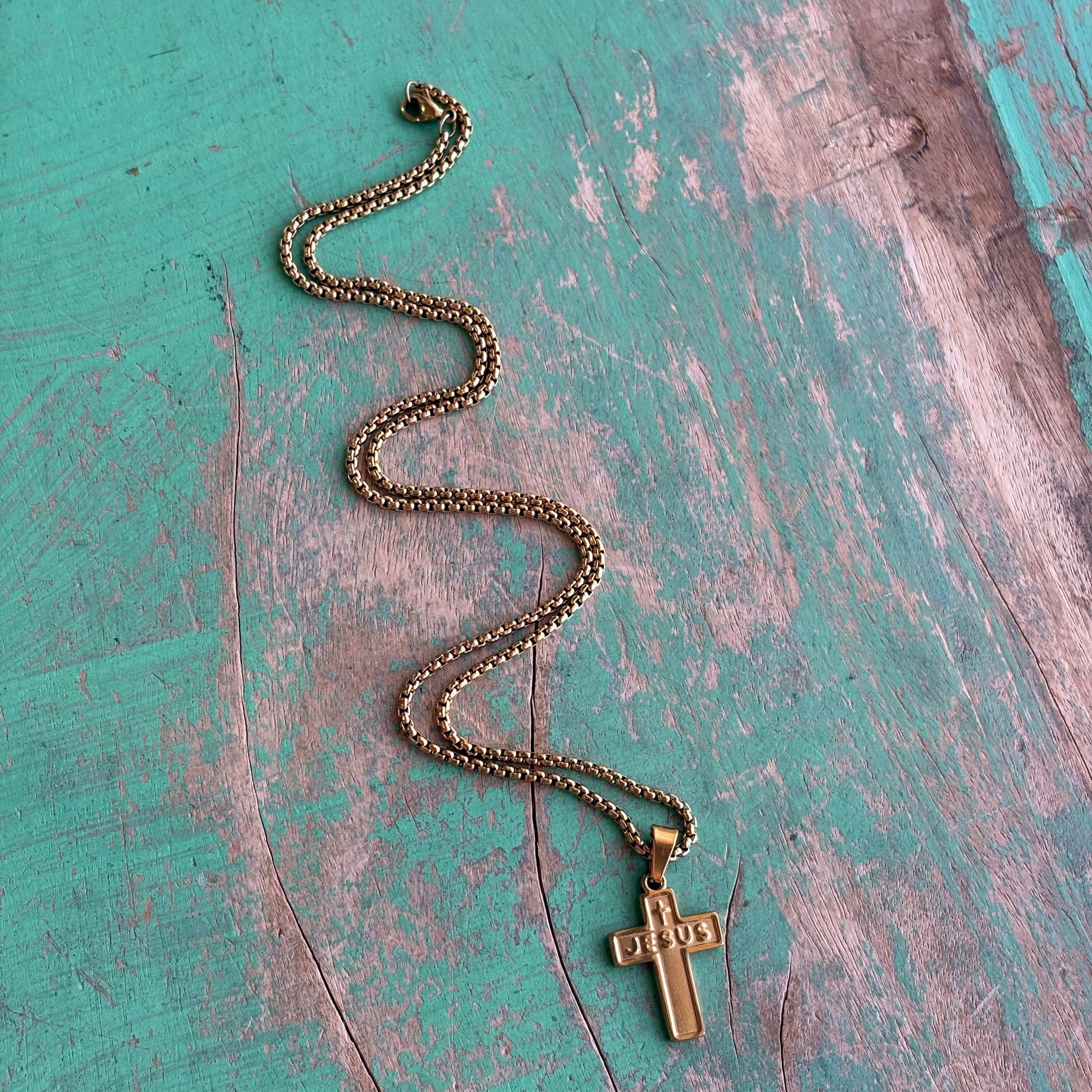 Jesus Cross Necklace – 19" Stainless Steel Rolo Chain | Gold or Silver