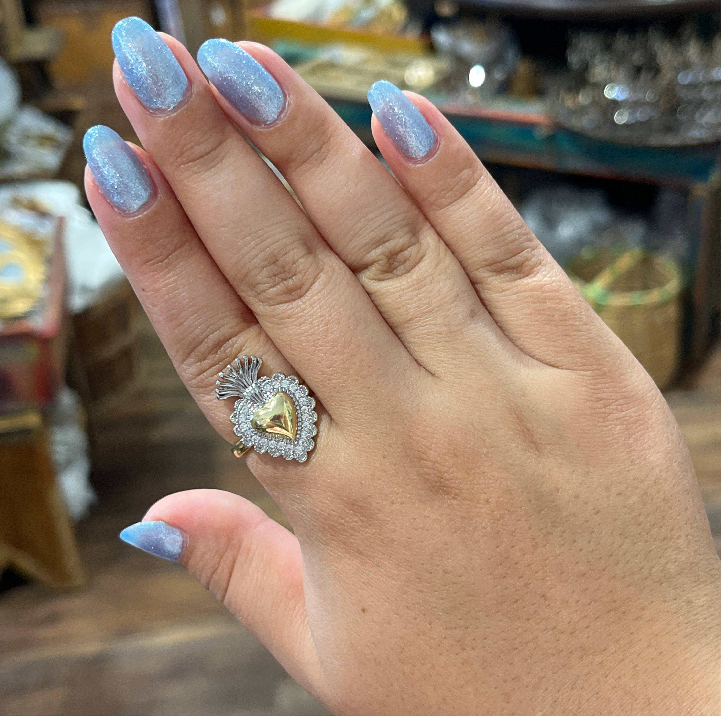 Adjustable Two Tone CZ Sacred Heart Ring