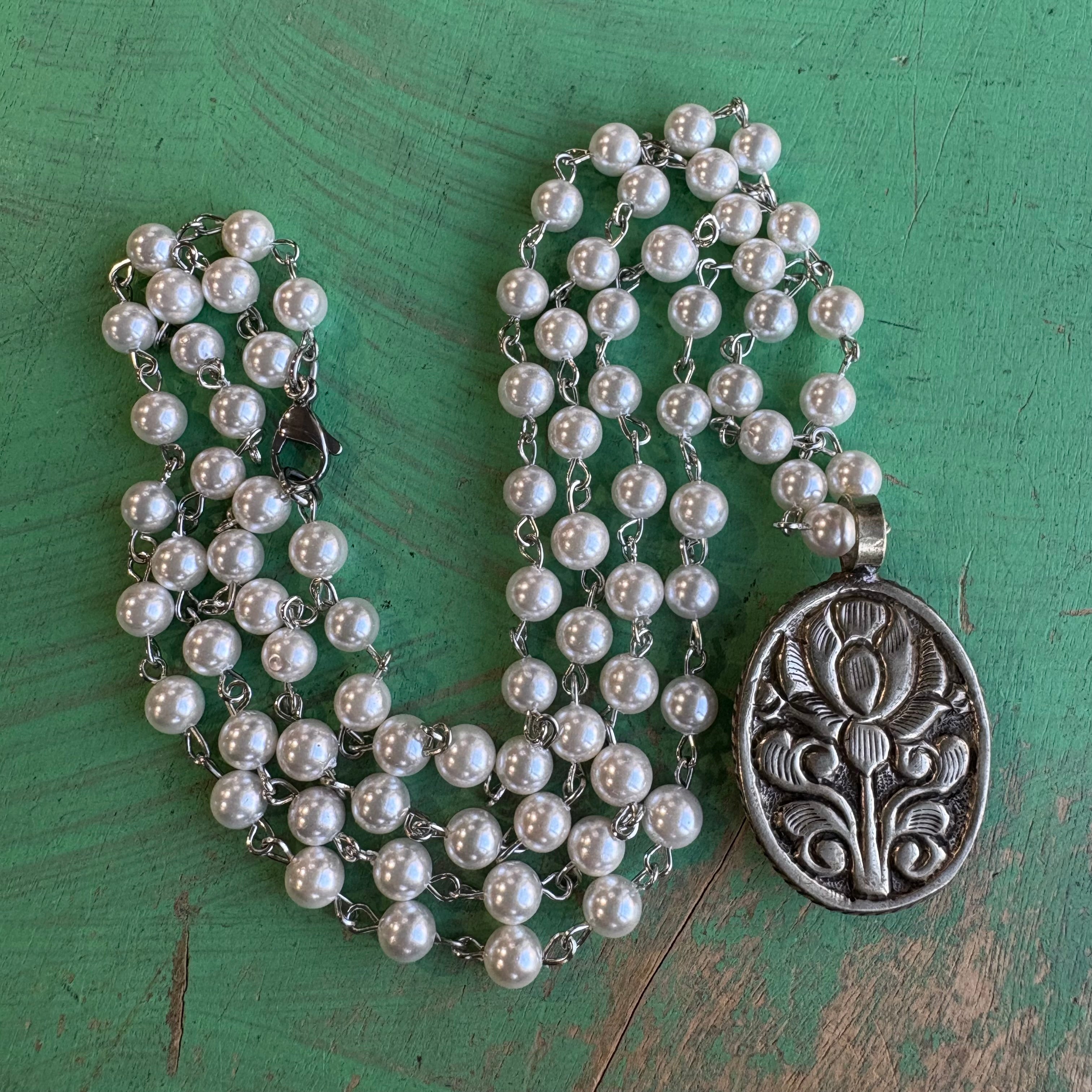 Mother of Pearl Our Lady of Guadalupe Double Strand Necklace