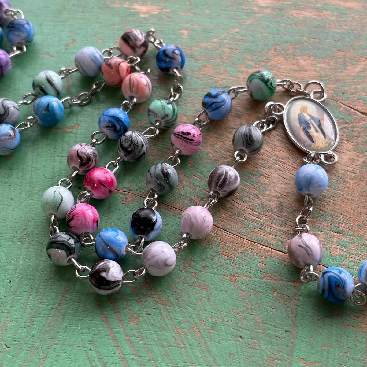 Our Lady of Grace Multicolor Swirl Bead Rosary – 32”