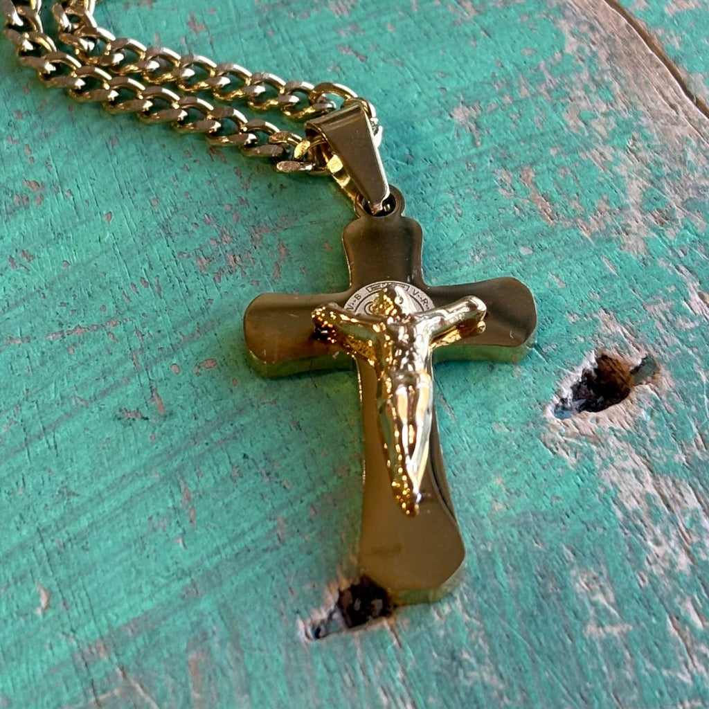 Gold Stainless Steel St Benedict Crucifix Chain Necklace
