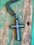 Black and Silver Iron Cross Philippians 2:10-11 Necklace