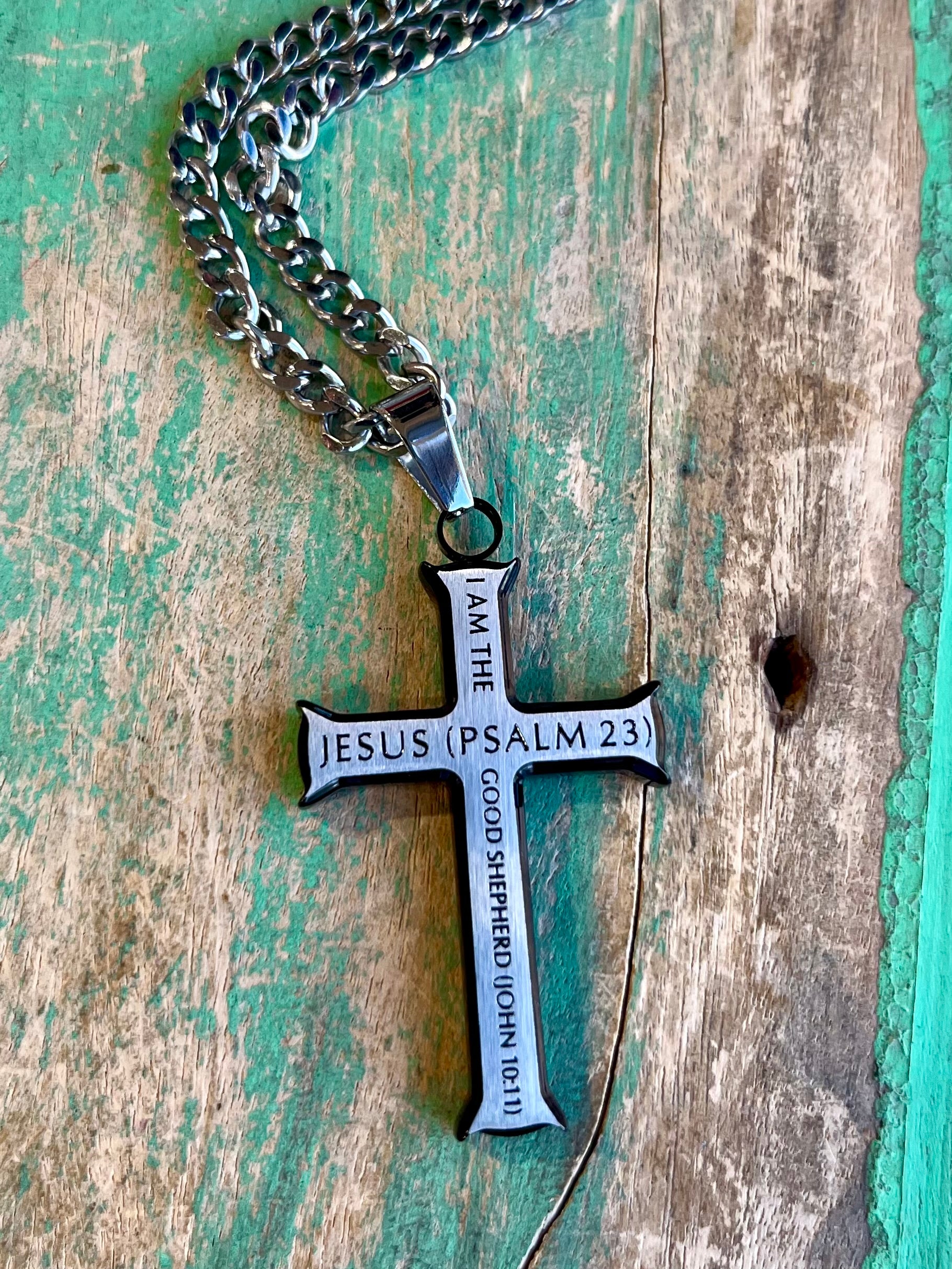 Black and Silver Iron Cross Philippians 2:10-11 Necklace