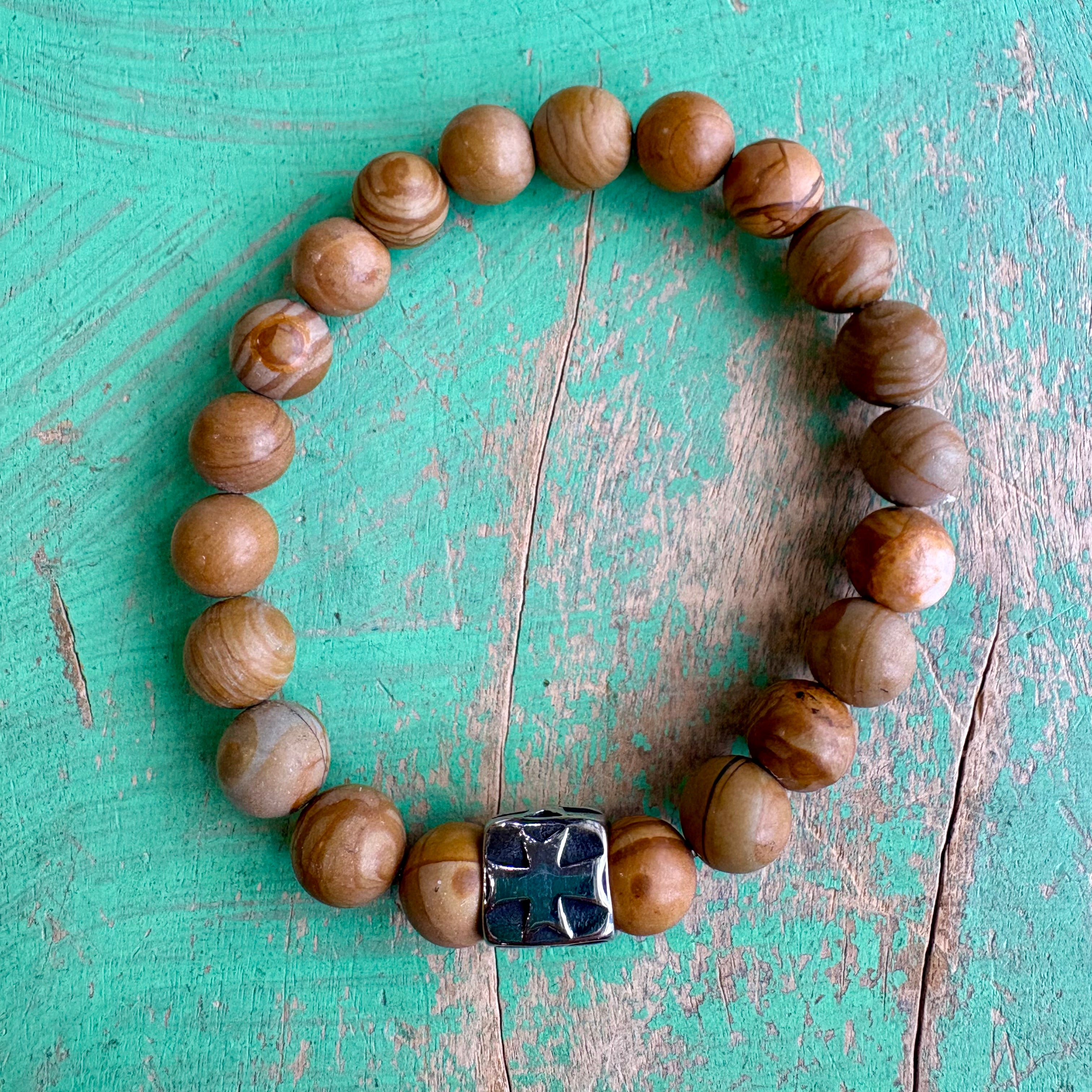 10mm Agate Bead Barrel Cross Bracelet