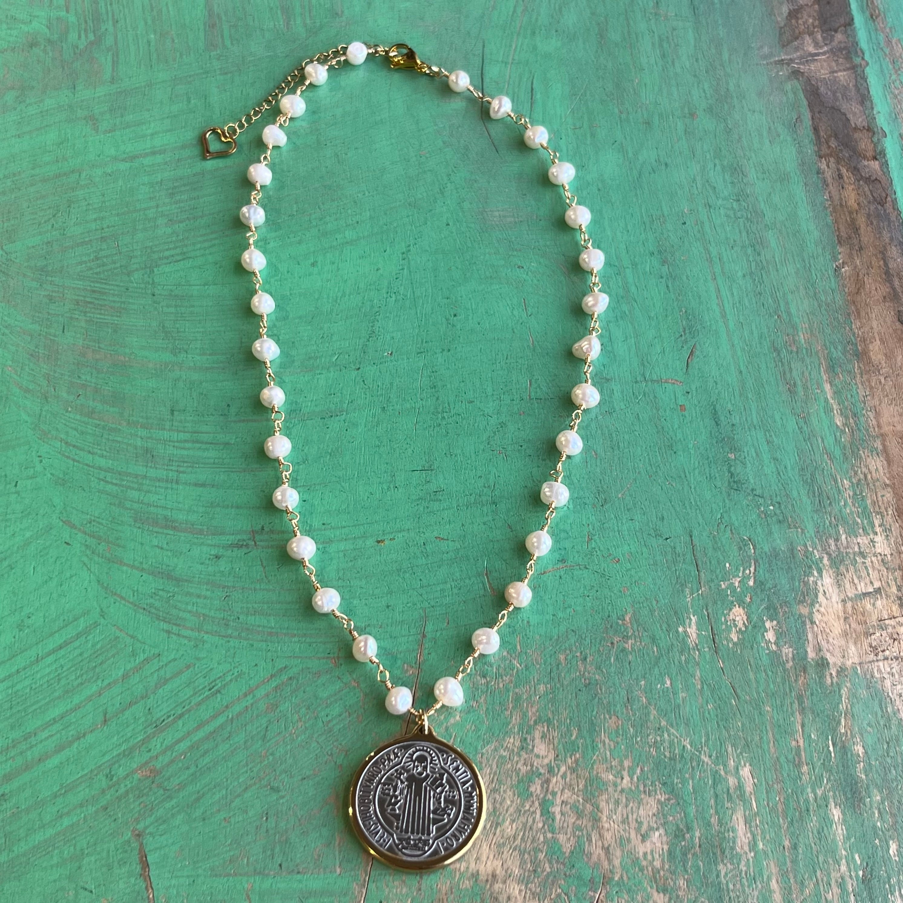 Two Tone St Benedict Freshwater Pearl Necklace or Earrings