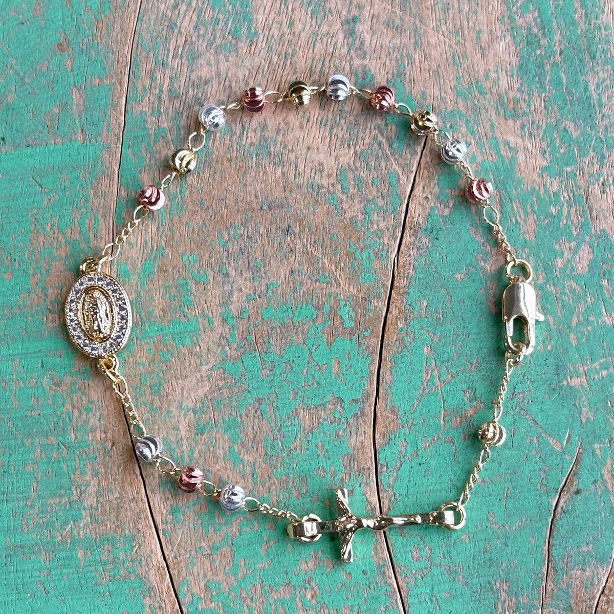 Tri-Color Our Lady of Guadalupe Rosary Decade Bracelet – 18K Gold Plated