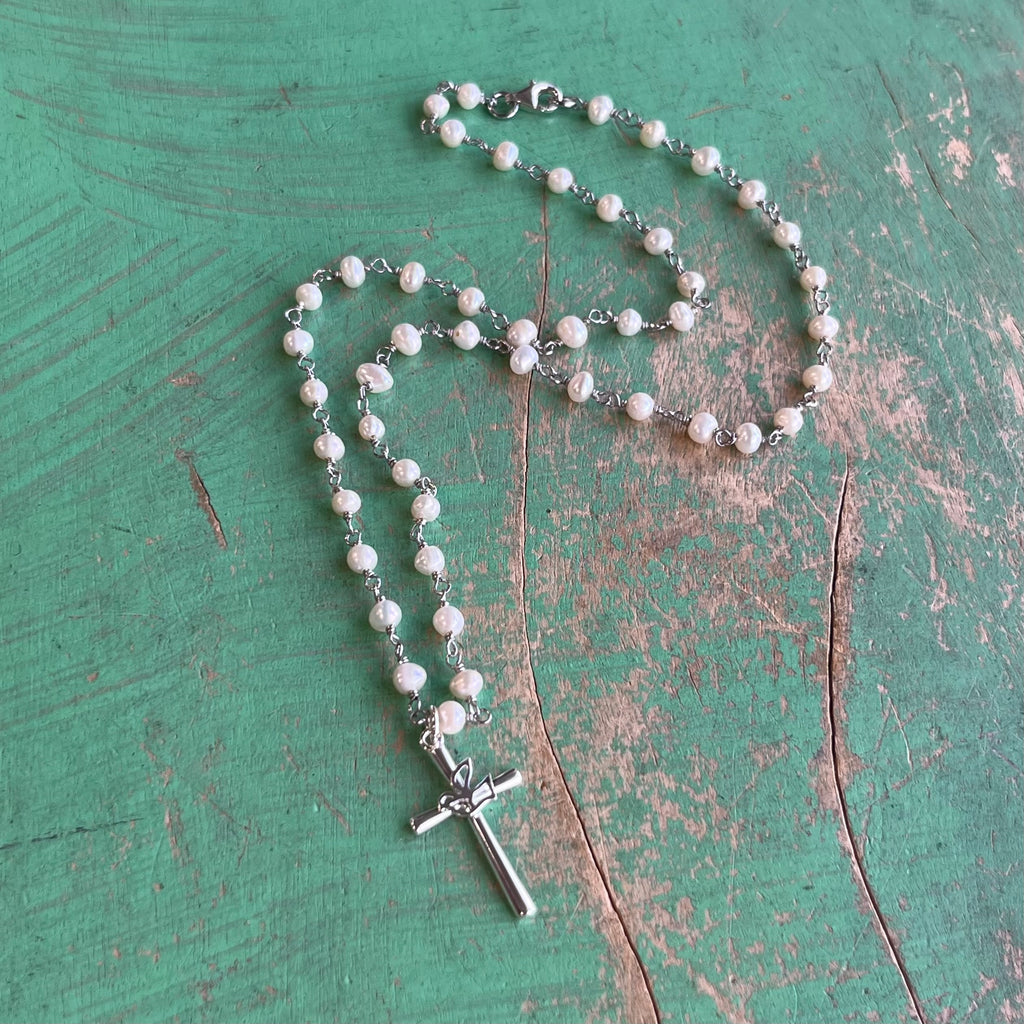 Sterling Silver Freshwater Pearl Confirmation Cross Necklace