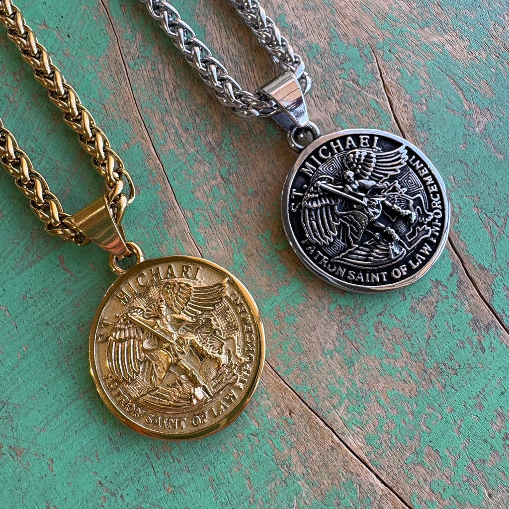 Stainless Steel Round St Michael Pendant Necklace