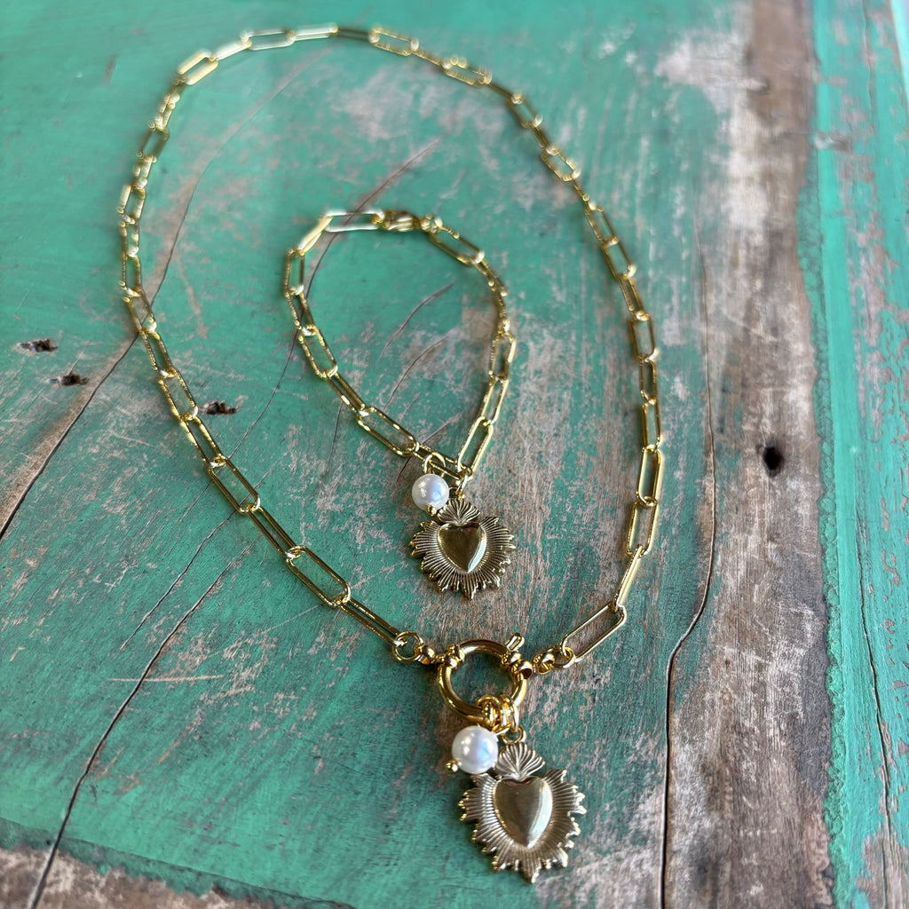 Gold Paperclip Sacred Heart and Pearl Necklace or Bracelet