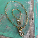 Gold Paperclip Sacred Heart and Pearl Necklace or Bracelet