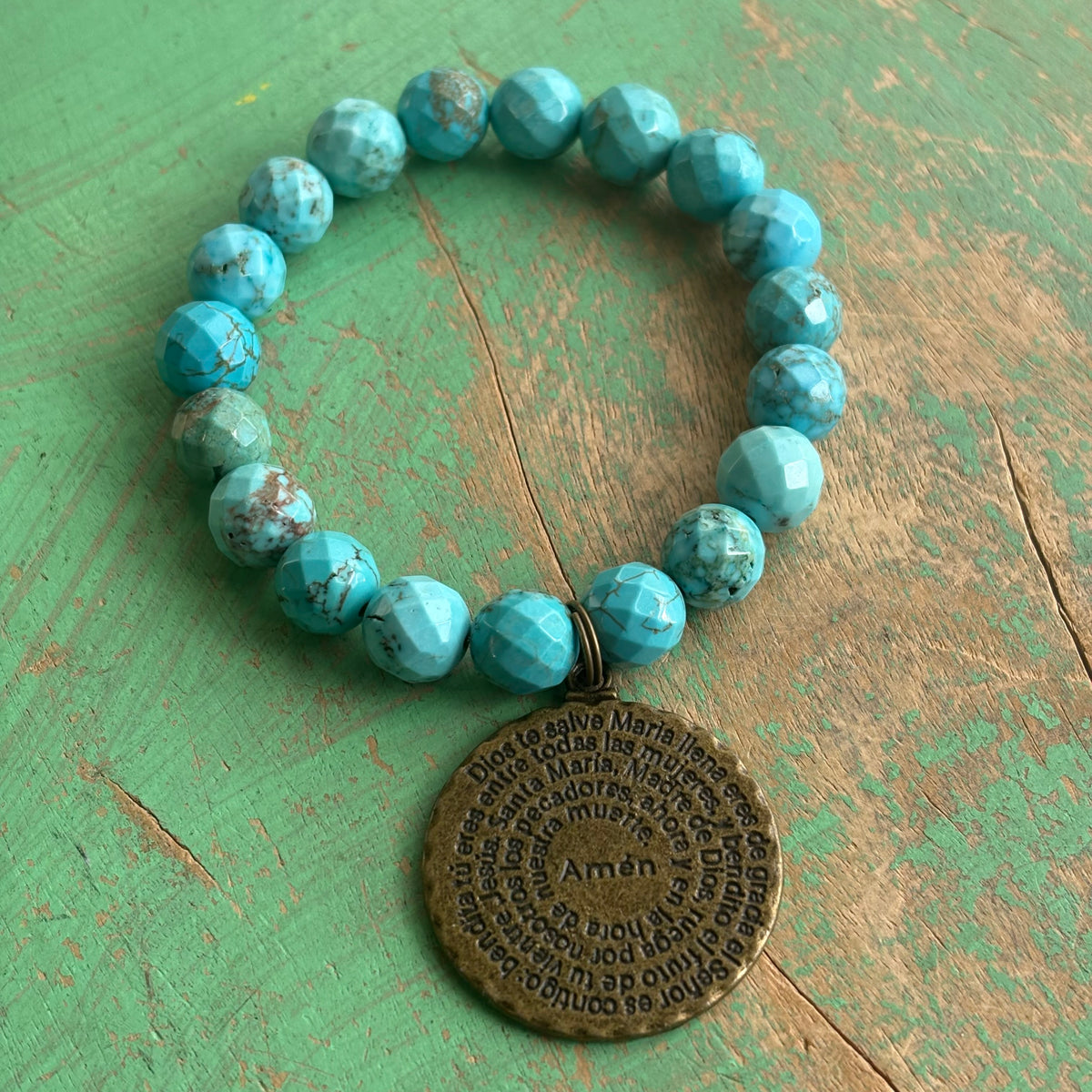 Turquoise Ave Maria Prayer Medal Bracelet