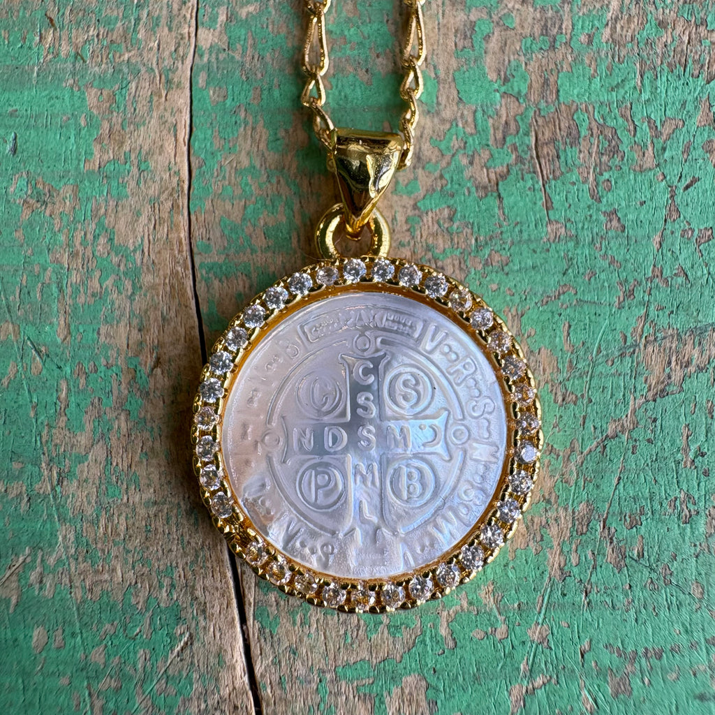 St Benedict Mother of Pearl Pendant Necklace