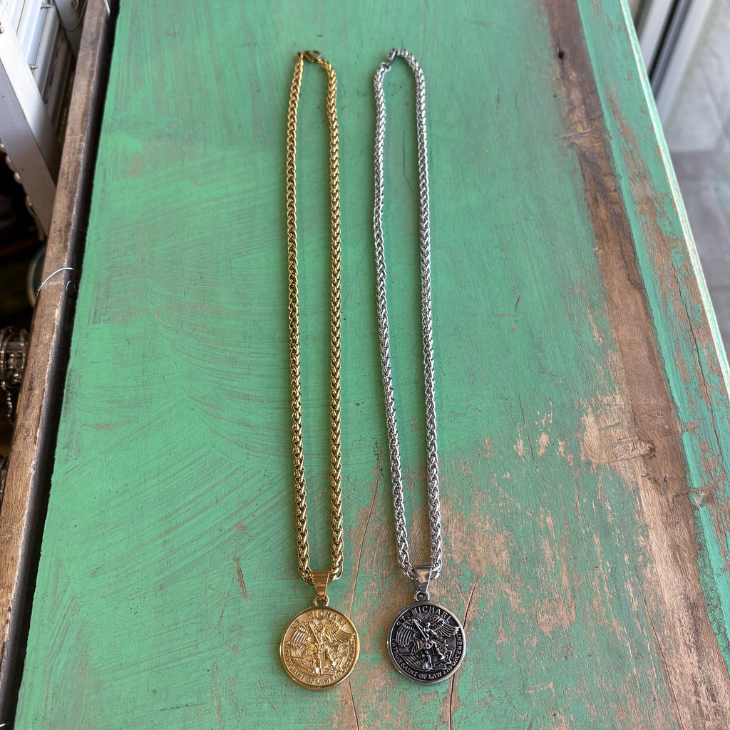 Stainless Steel Round St Michael Pendant Necklace