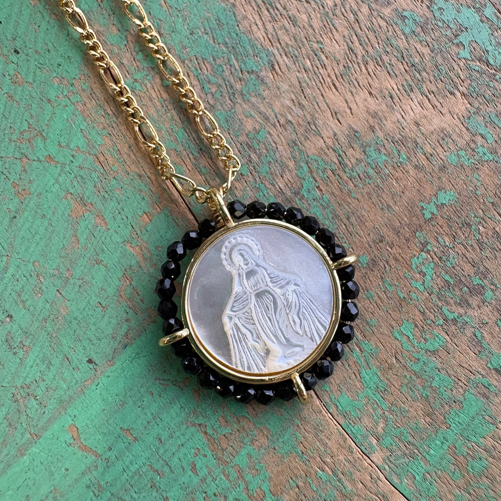 Round Mother of Pearl Black Beaded Necklace or Earrings