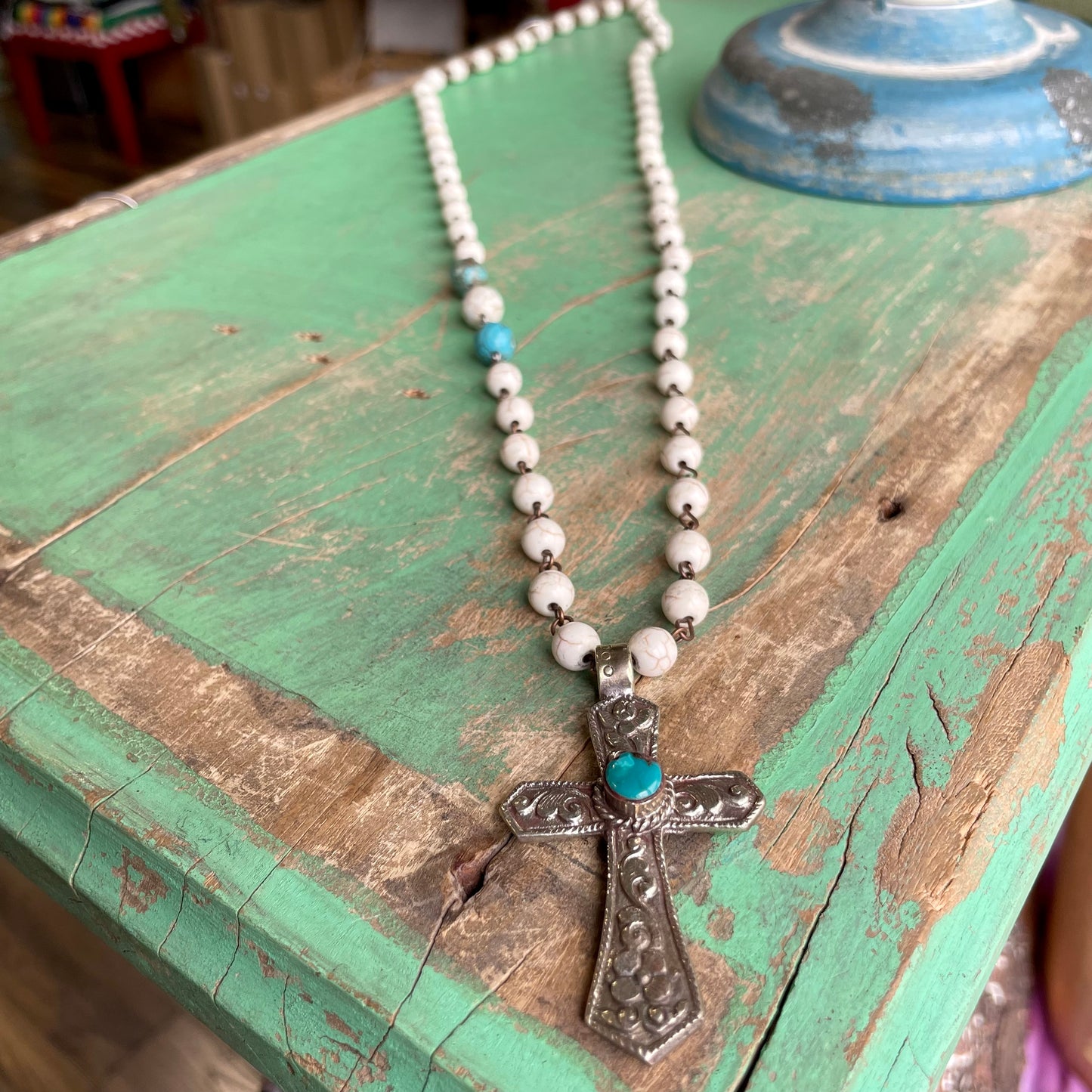 Long Beige and Turquoise Faith Necklace