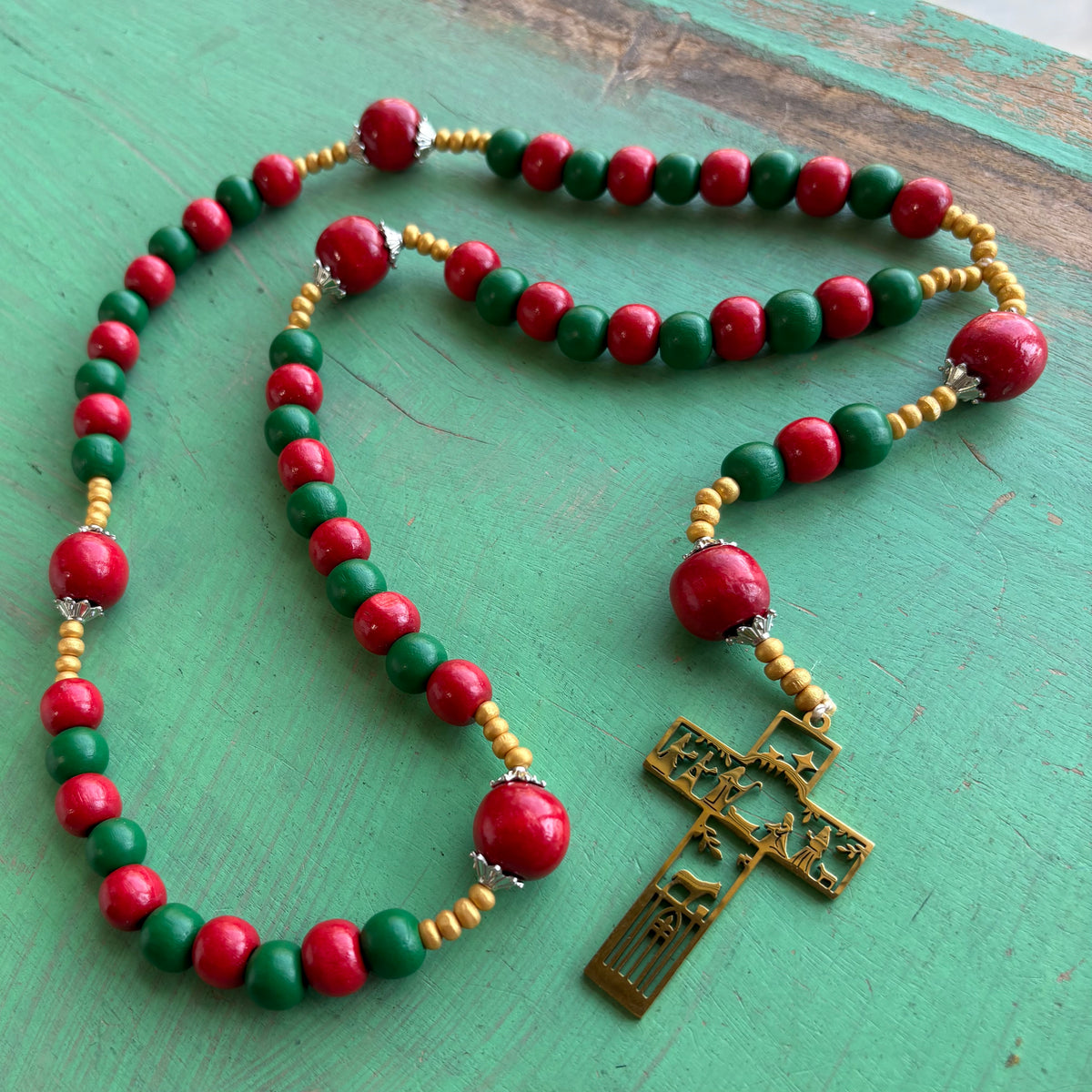 Nativity Wood Bead Rosary with Gold Cross – 24”