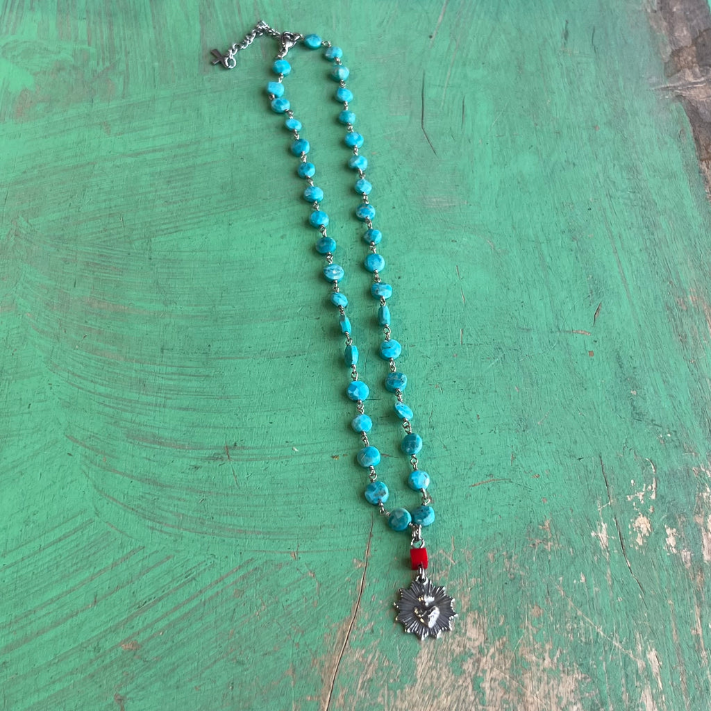 Turquoise Flaming Sacred Heart Necklace or Earrings