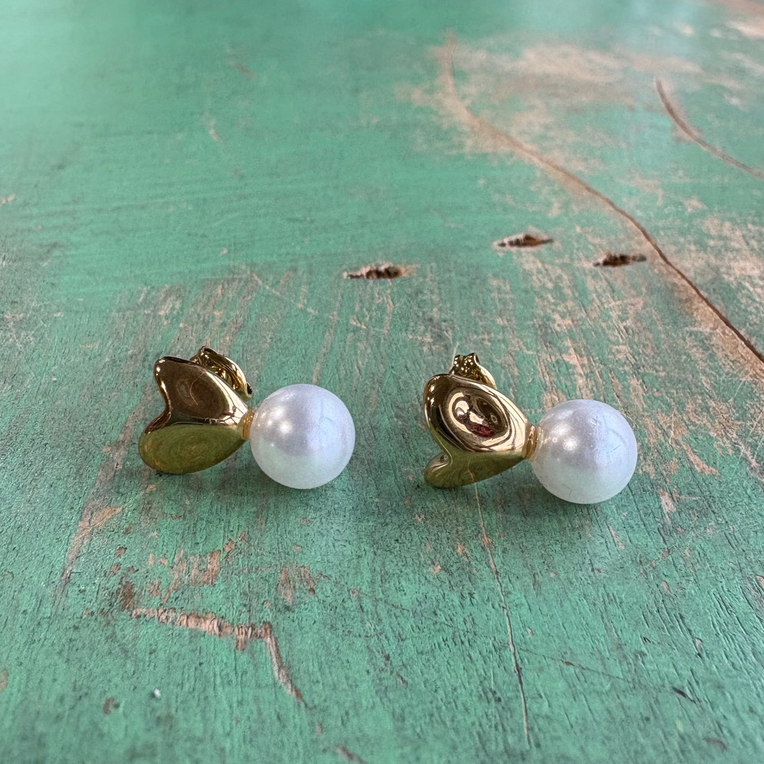Gold Heart on Pearl Stainless Steel Post Earrings