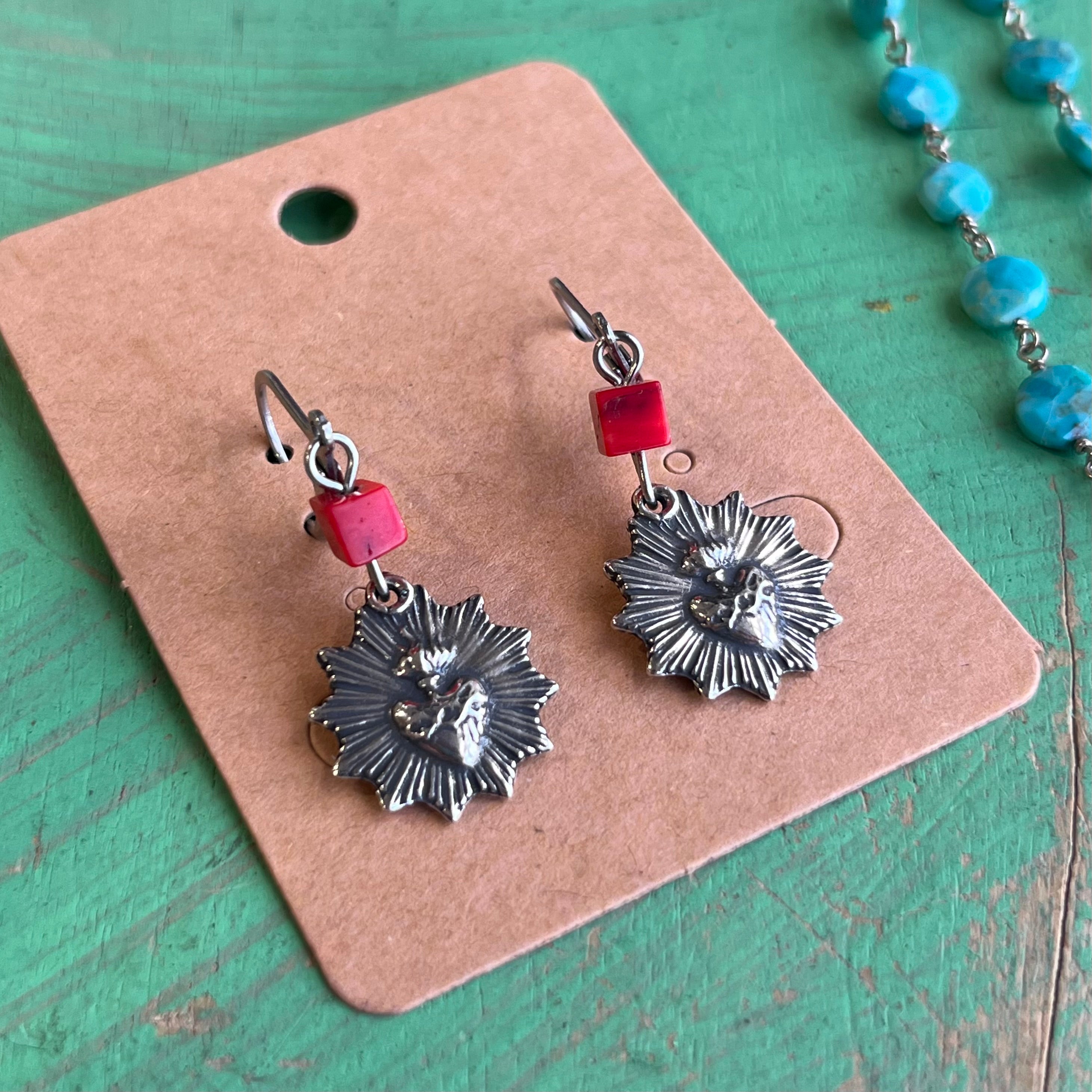 Turquoise Flaming Sacred Heart Necklace or Earrings
