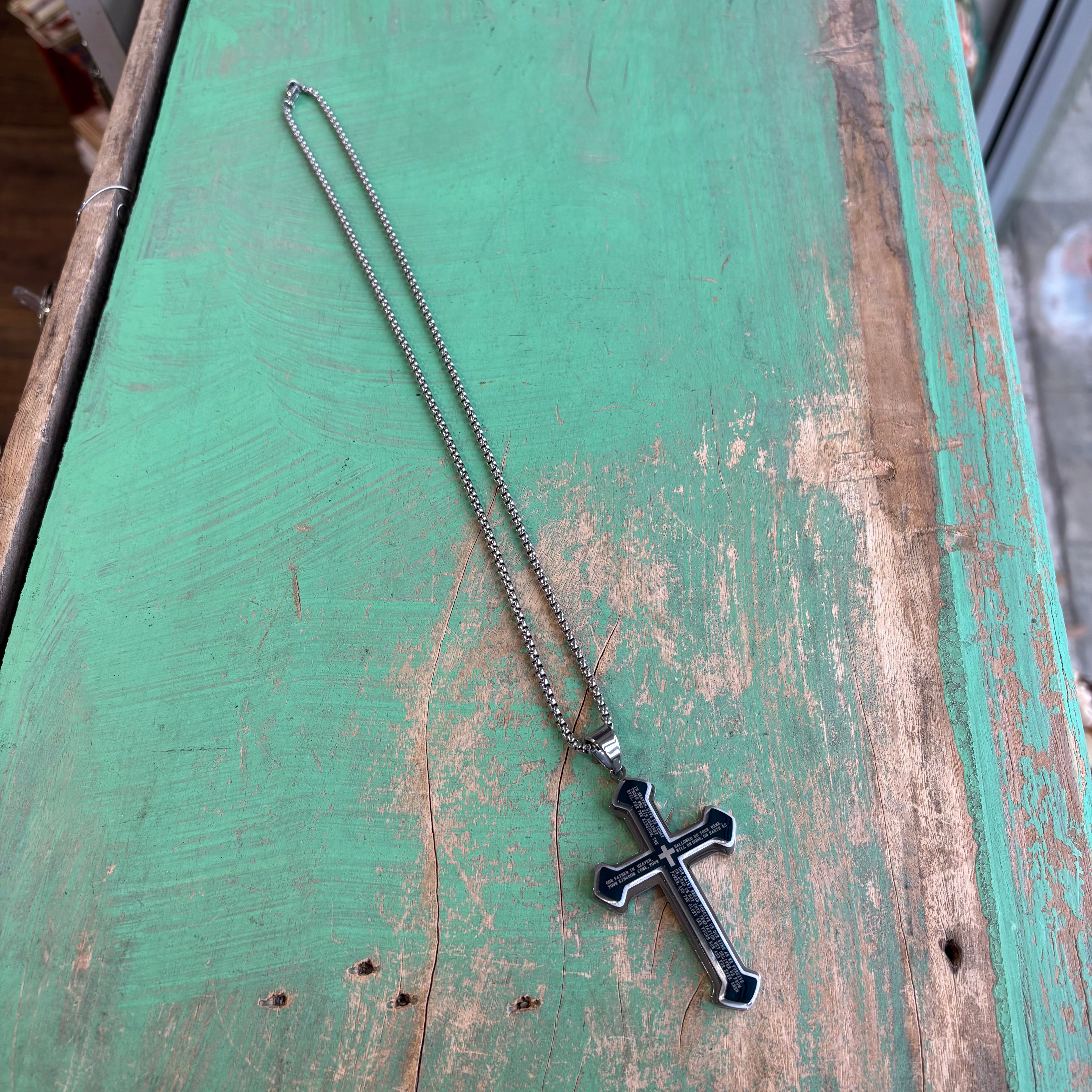 Stainless Steel Big Our Father Cross Necklace