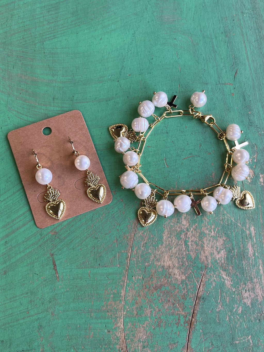 Freshwater Pearl Sacred Heart Charm Bracelet or Earrings