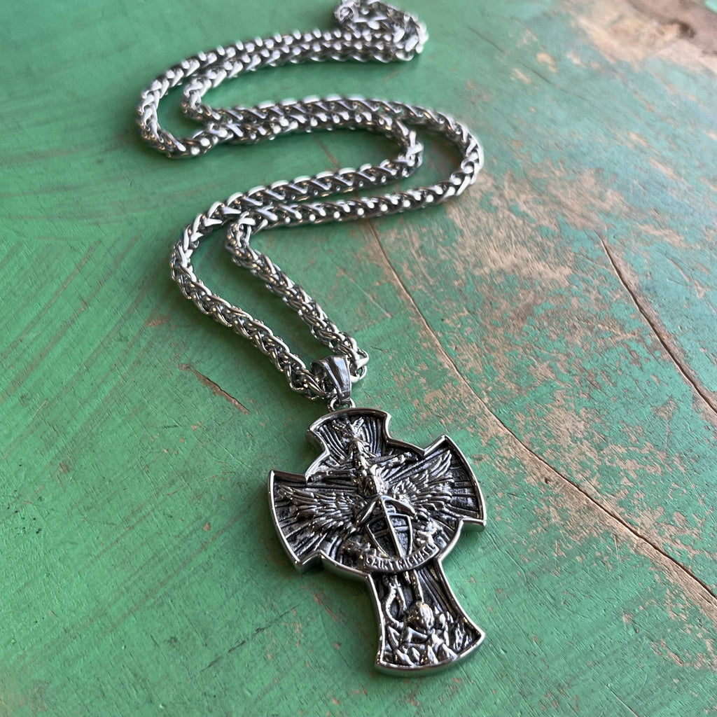 St Michael Holy Trinity Cross Stainless Steel Wheat Chain Necklace