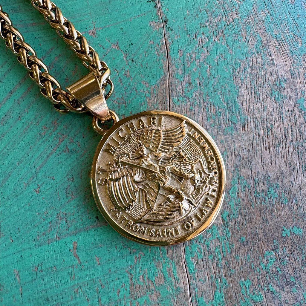 Stainless Steel Round St Michael Pendant Necklace