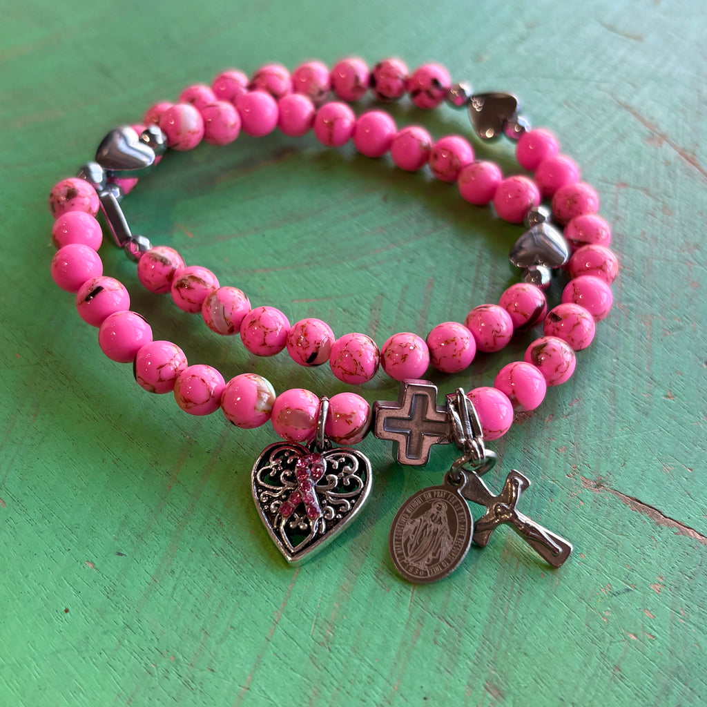 Breast Cancer Awareness Rosary Wrap Bracelet