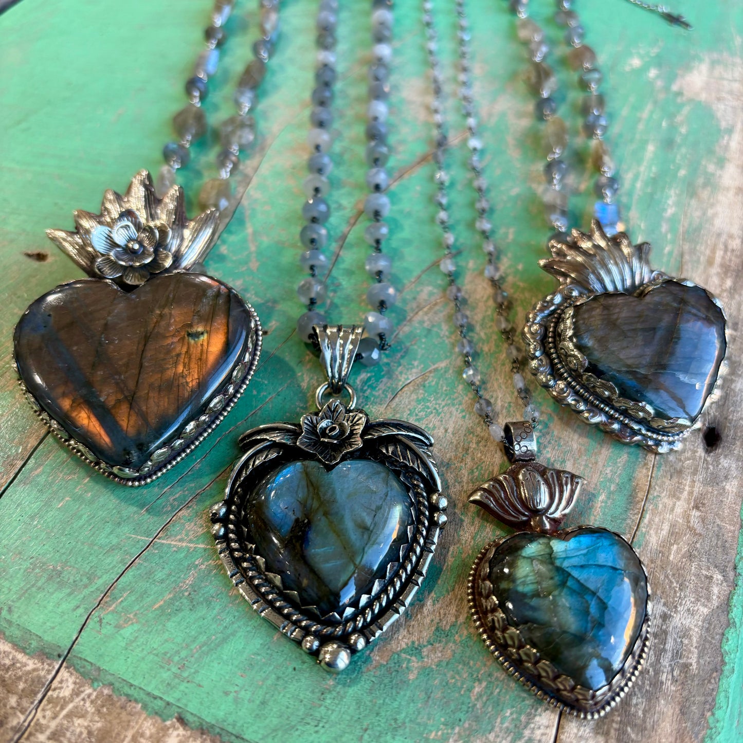 Labradorite Sacred Heart Necklace, Earrings and Rings