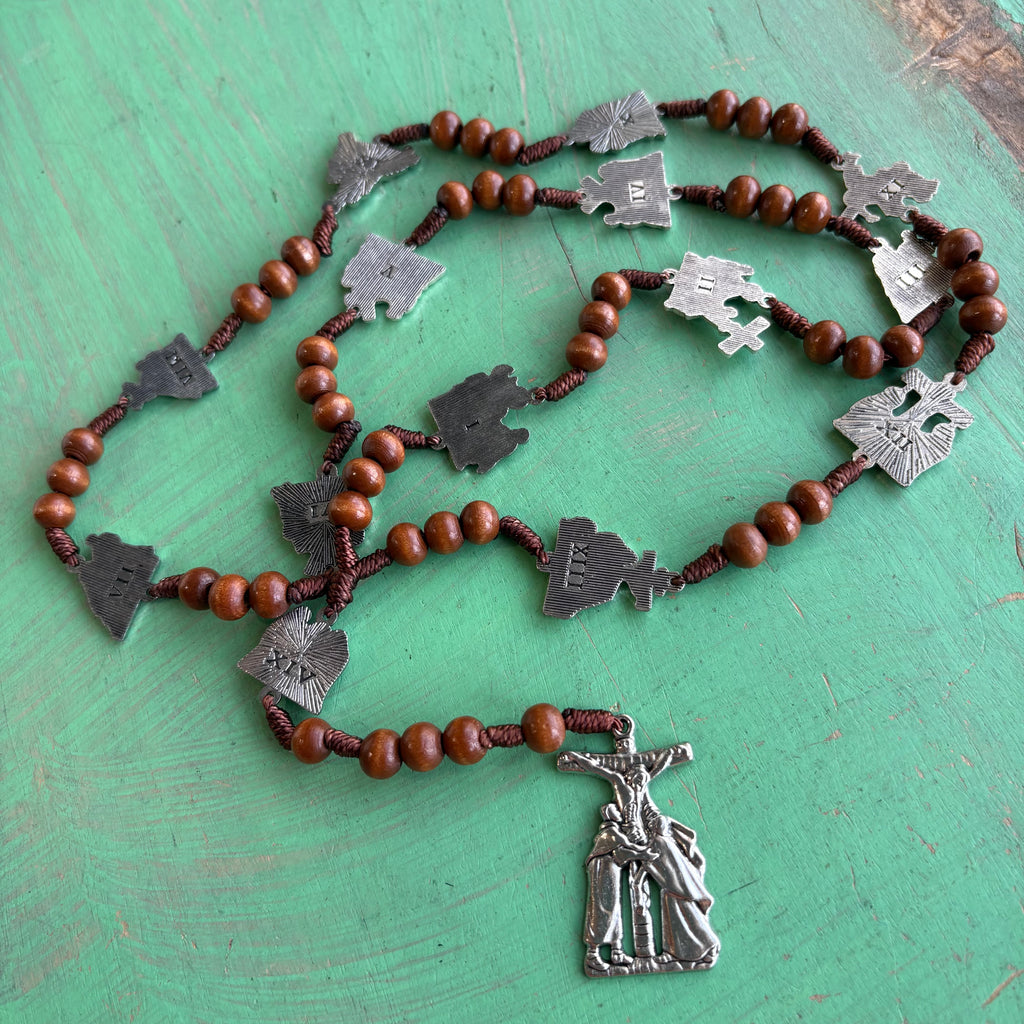 Stations of the Cross Wood Rosary – 36" with Metal Statio