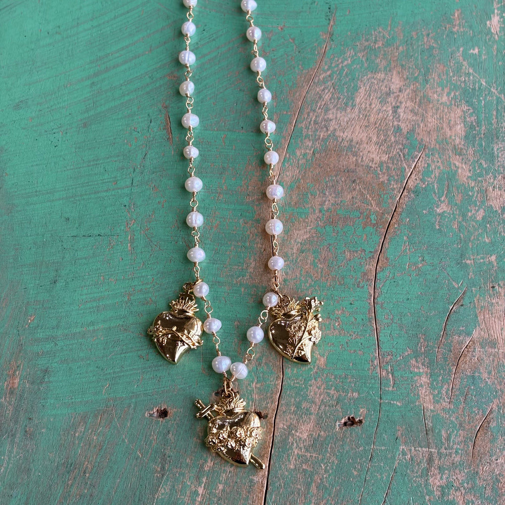 Three Hearts of the Holy Family Freshwater Pearl Necklace