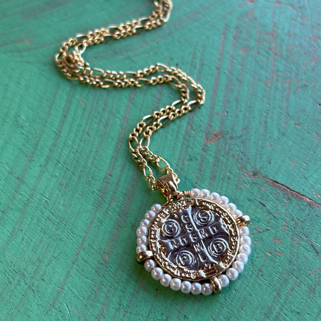 Two Tone Pearl St Benedict Necklace or Earrings