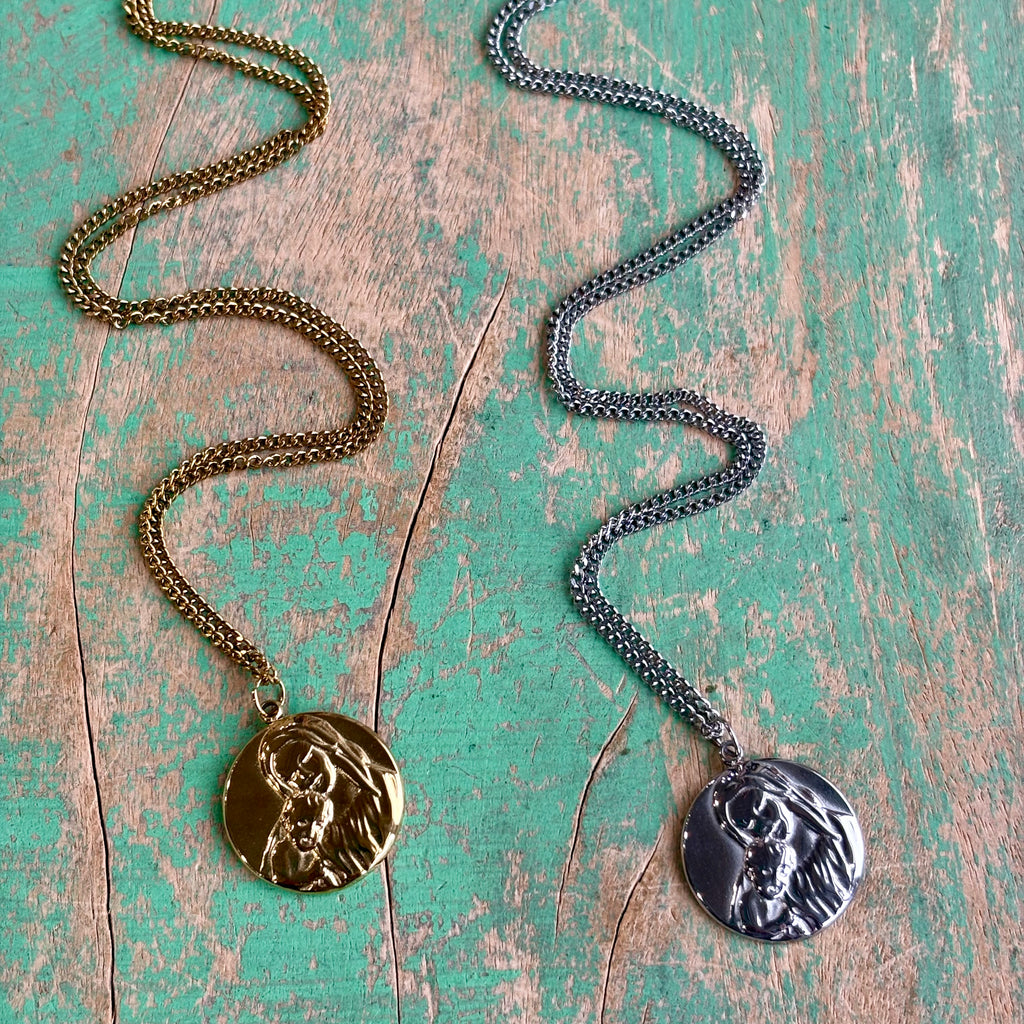 Madonna & Child Stainless Steel Medal Necklace – Gold or Silver