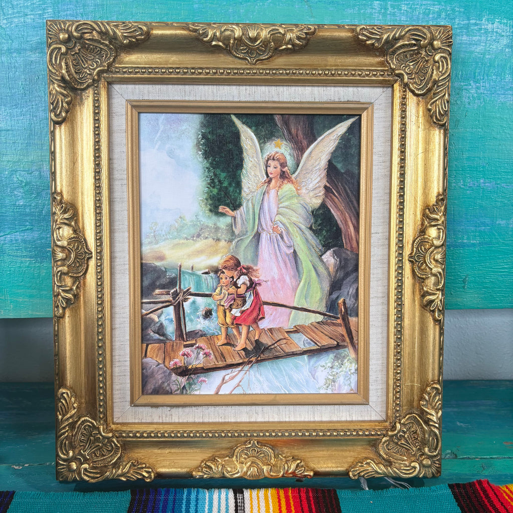 Framed 13.25 X 15.5" Guardian Angel on Bridge