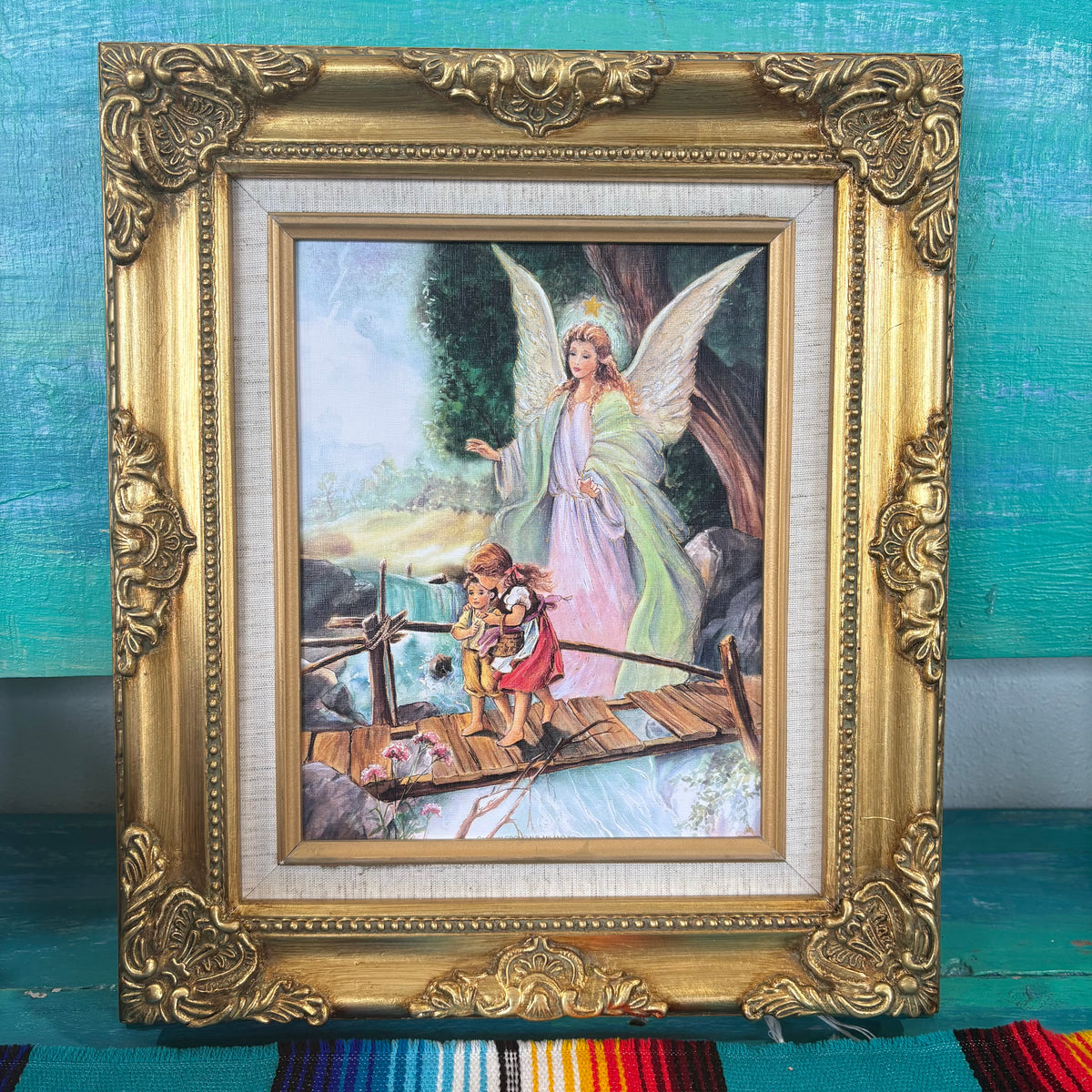 Framed 13.25 X 15.5" Guardian Angel on Bridge