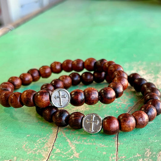 Brown Wood Beaded Cross Bracelet